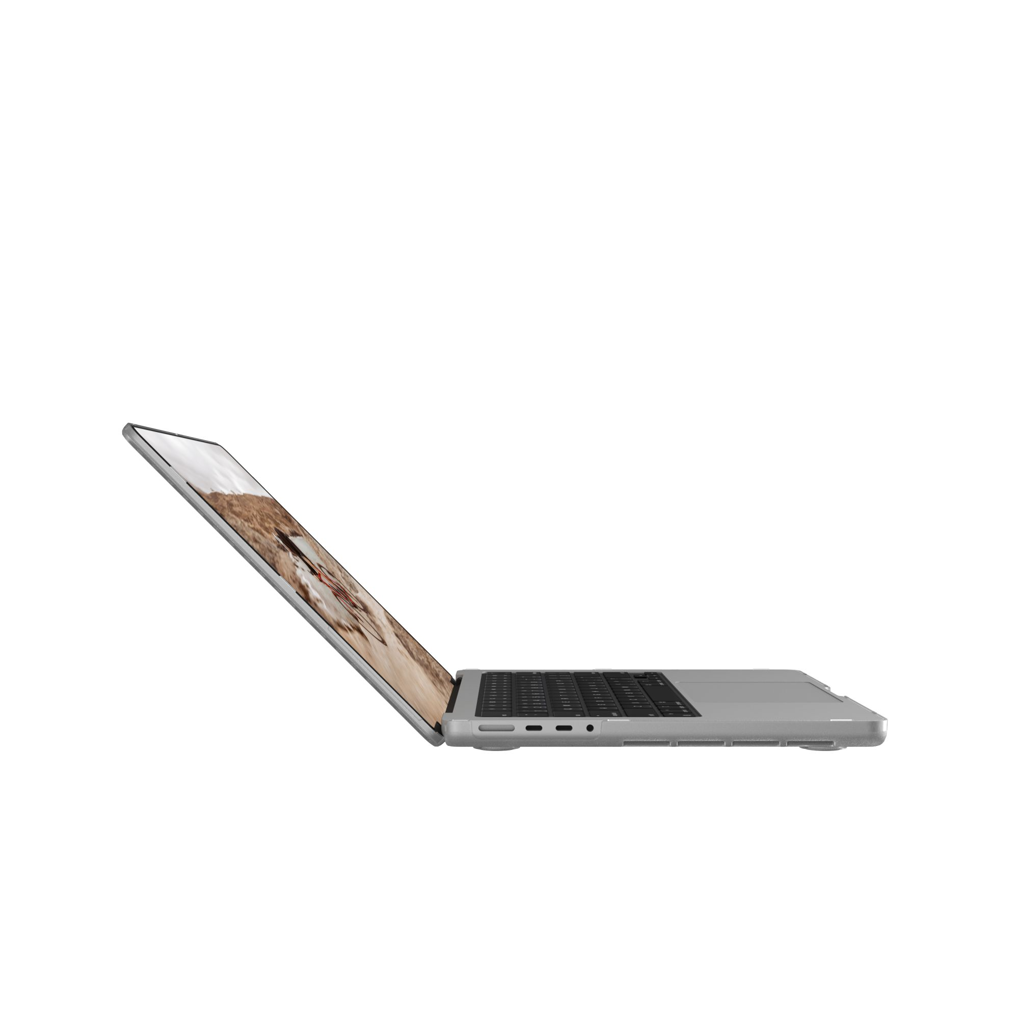 Szary laptop jest otwarty, wyświetlając na ekranie scenę pustynną. Klawiatura jest czarna.