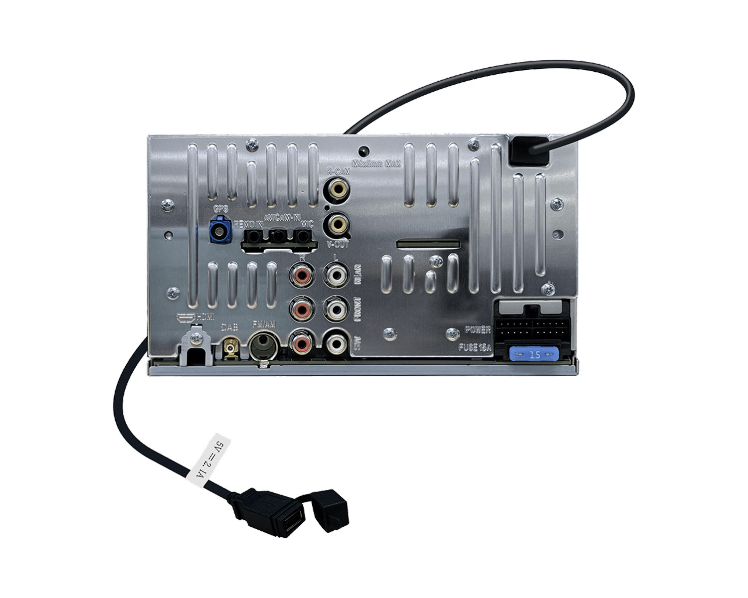 Rückansicht eines Autoradios mit mehreren Eingangsanschlüssen, Stromversorgung und Sicherung. Ein USB-Kabel ist angeschlossen mit der Aufschrift 5V = 2.1A.