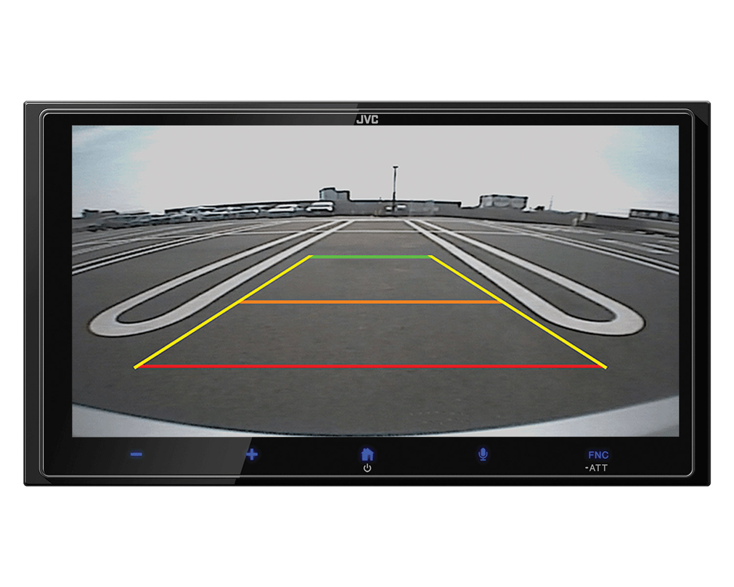 Rückfahrkamera-Anzeige zeigt Parklinien auf Asphalt. Im Hintergrund sind ein Gebäude und der Himmel zu sehen. Der Bildschirm hat das JVC-Logo.