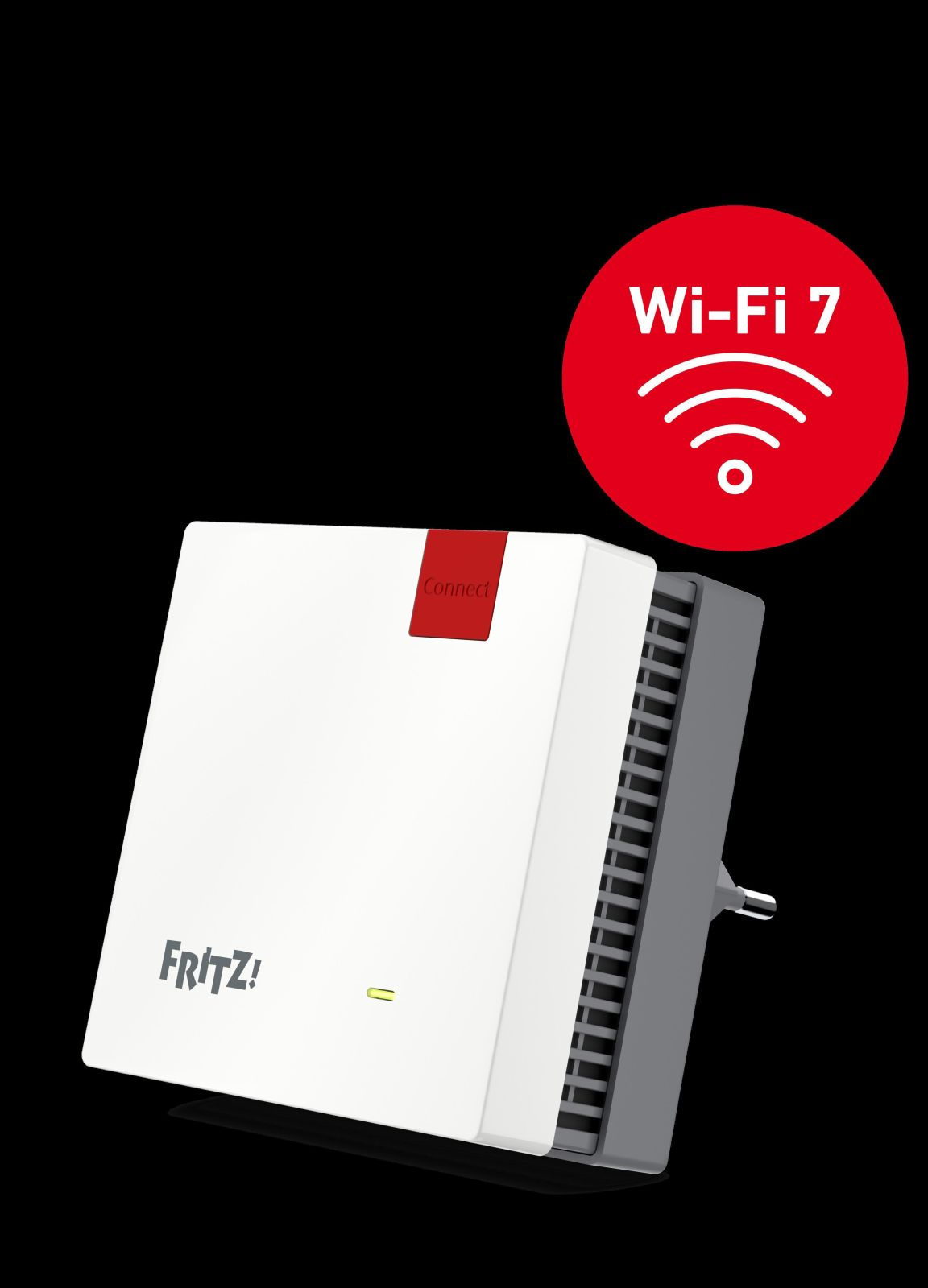 Un router bianco con logo 'Fritz!', etichetta 'Connect', icona Wi-Fi 7 e cerchio rosso. Sfondo nero.
