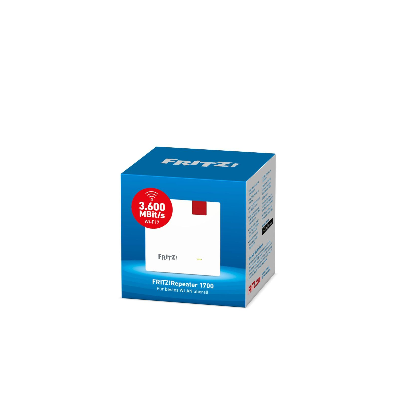 Una scatola blu con la scritta FRITZ!. Dice FRITZ!Repeater 1700. Ha un cerchio rosso con info Wi-Fi.