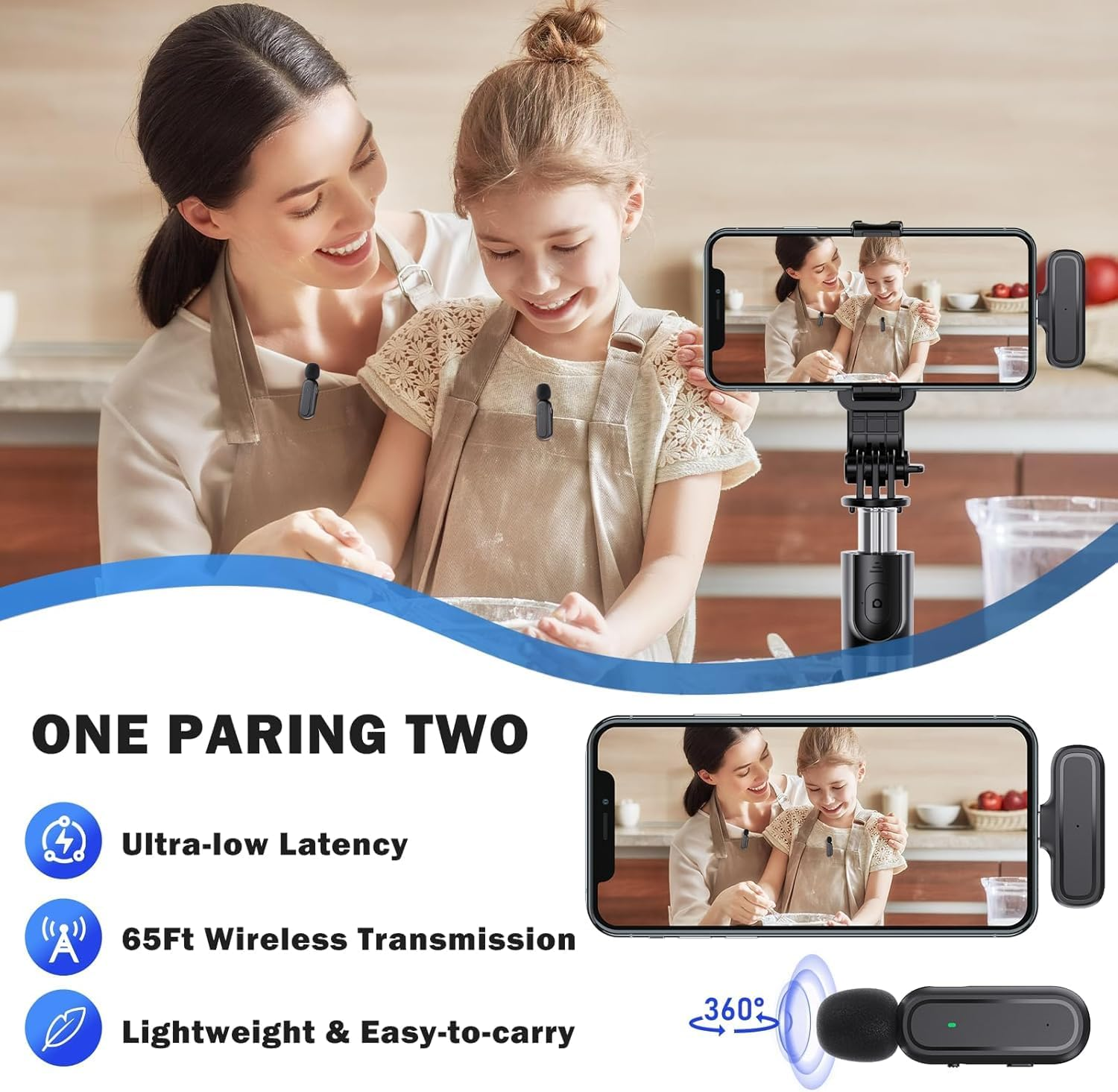 Eine Frau und ein Mädchen tragen Schürzen, lächeln und haben Mikrofone. Das Telefon zeigt sie und Produktdetails: Ultra-Low Latency, 65Ft Wireless Transmission.
