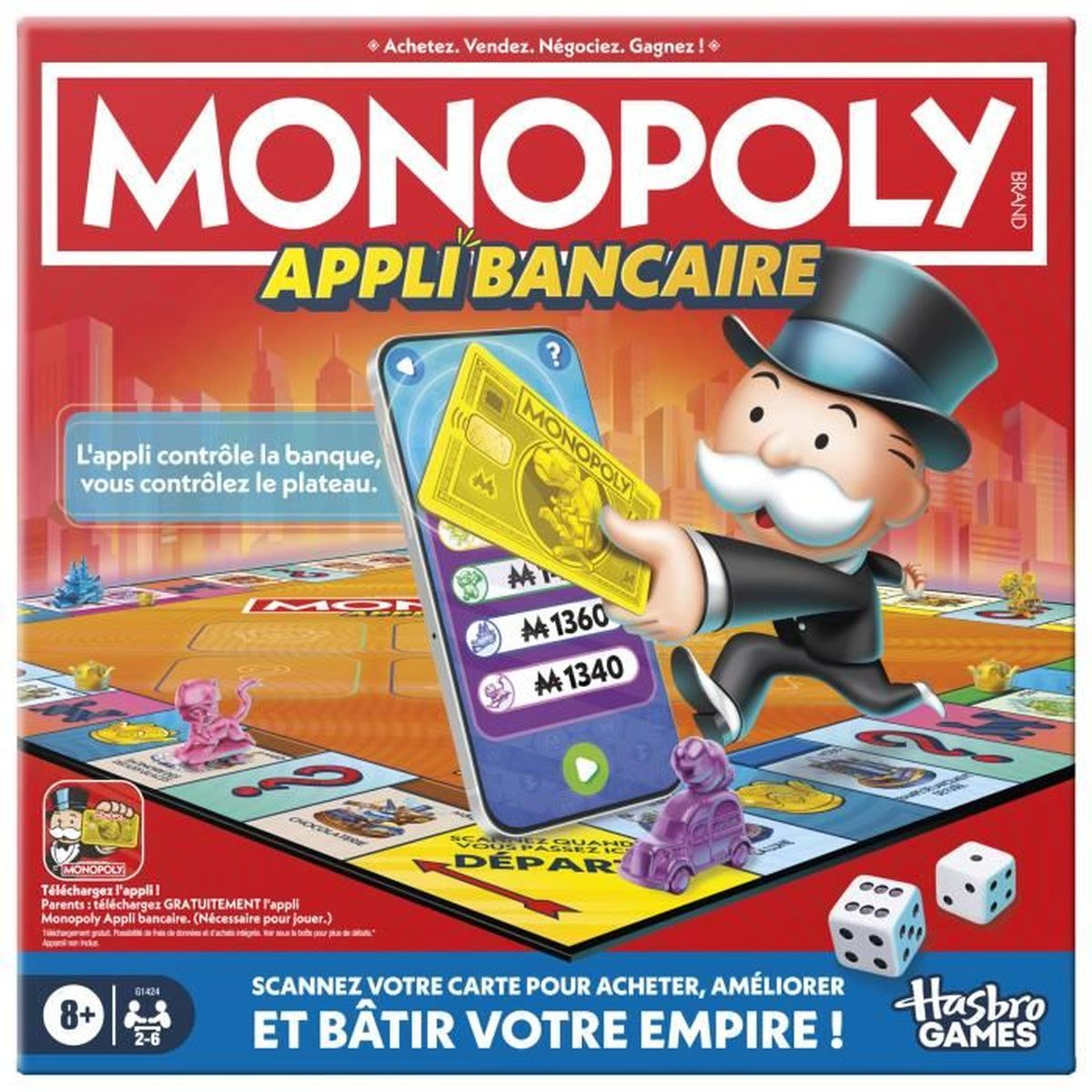 Monopoly-Brettspielbox mit dem Monopoly-Mann, der ein Telefon mit einer Monopoly-Karte hält. Würfel und Spielfiguren sind sichtbar.