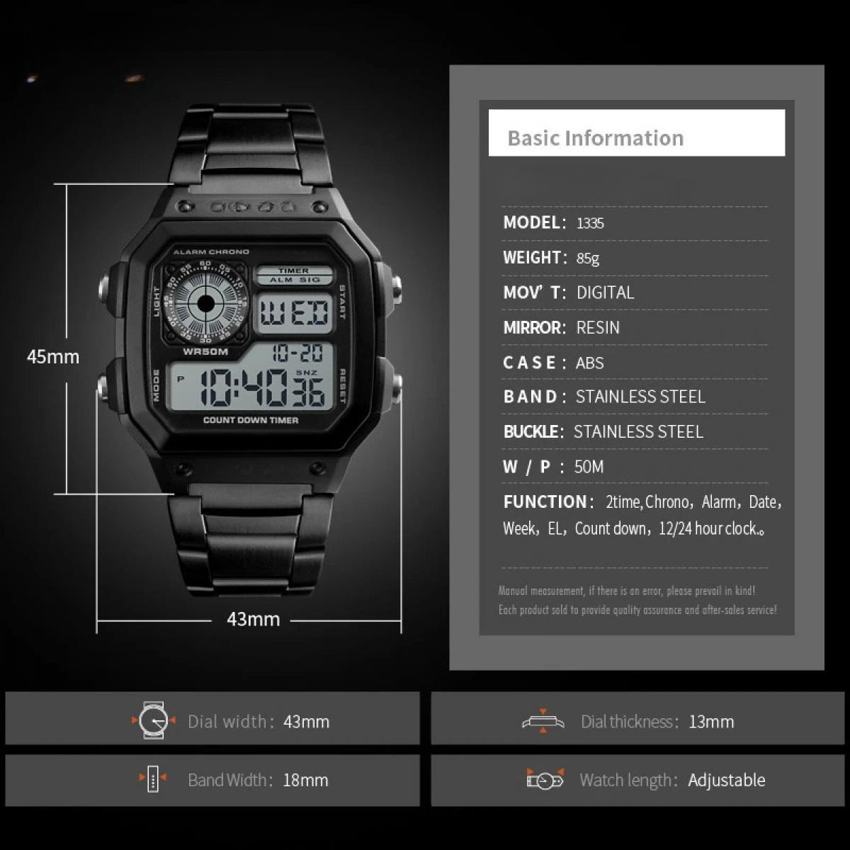 Schwarze Digitaluhr mit Edelstahlarmband. Zeigt Zeit, Datum und andere Funktionen an. Informationstafel rechts.