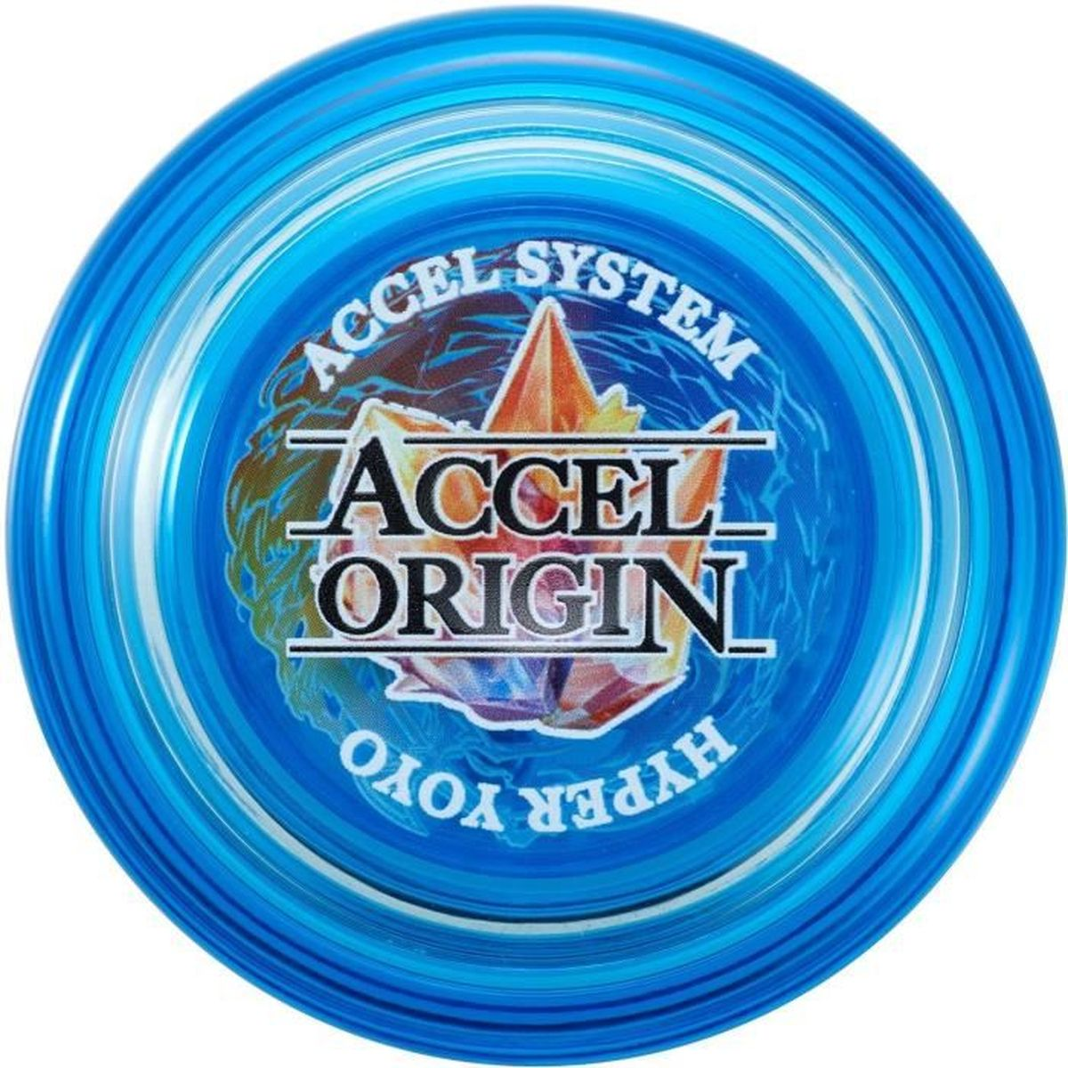 Yo-yo bleu avec le logo Accel Origin, le texte Accel System et le texte Hyper Yoyo. Design orange et blanc au centre.