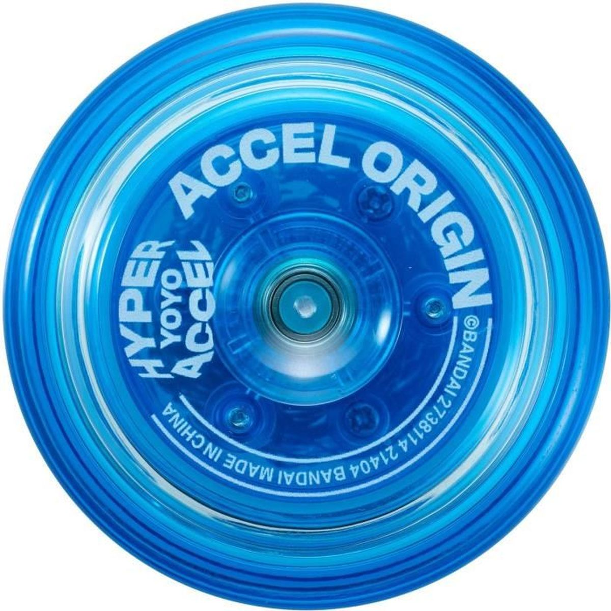 Un yo-yo bleu avec le texte "ACCEL ORIGIN" et "HYPER YOYO ACCEL". Il a un design circulaire et un roulement central.