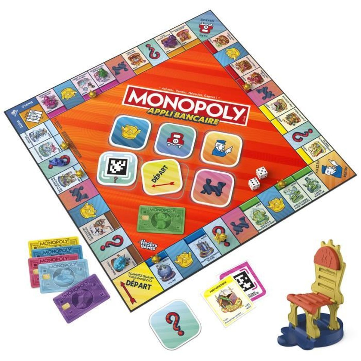 Monopoly-Brettspiel. Enthält Brett, Karten, Würfel, Spielgeld und einen kleinen Stuhl. Das Brett hat verschiedene Immobilienfelder.