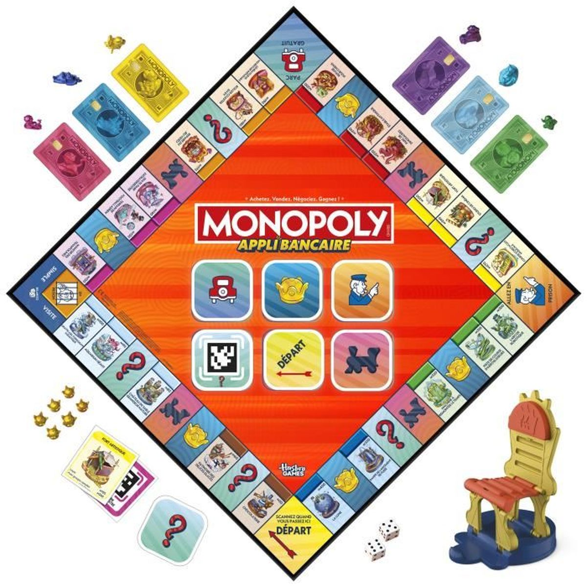 Monopoly-Brettspiel. Enthält Brett, Karten, Spielfiguren, Würfel und einen Stuhl. Das Spielbrett zeigt Banking-App-Branding und verschiedene Spielelemente.