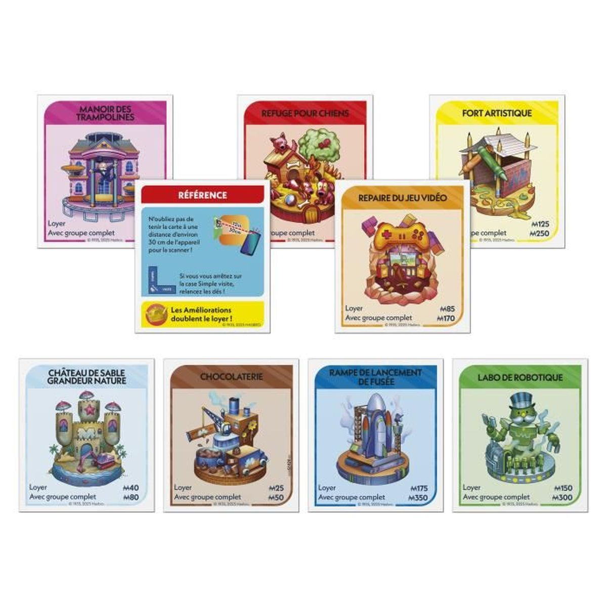 Karten mit Illustrationen von Gebäuden, einer Referenzkarte und verschiedenen spielbezogenen Elementen, alle mit französischem Text.