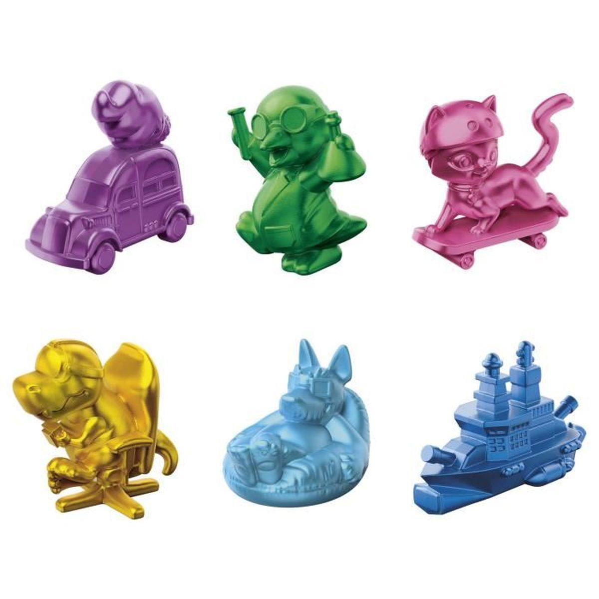 Sechs bunte Monopoly-Spielsteine: ein Auto, grüner Wissenschaftler, rosa Katze auf Skateboard, goldener Dinosaurier, blauer Hund und ein blaues Schiff.