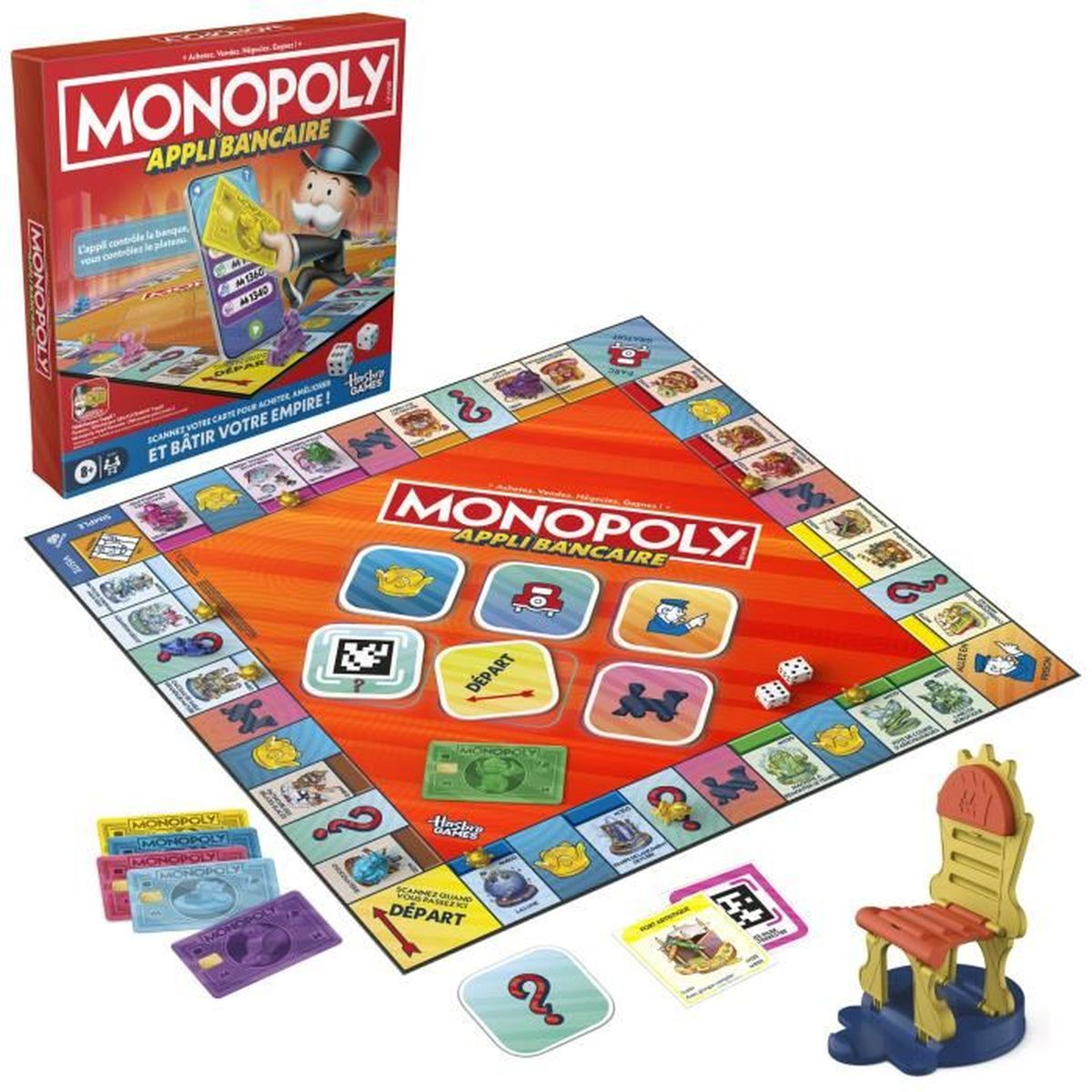 Ein Monopoly-Brettspiel-Set. Die rote Schachtel zeigt den Spielnamen. Das Spielbrett ist orange mit verschiedenen Spielelementen wie Karten und Würfeln.
