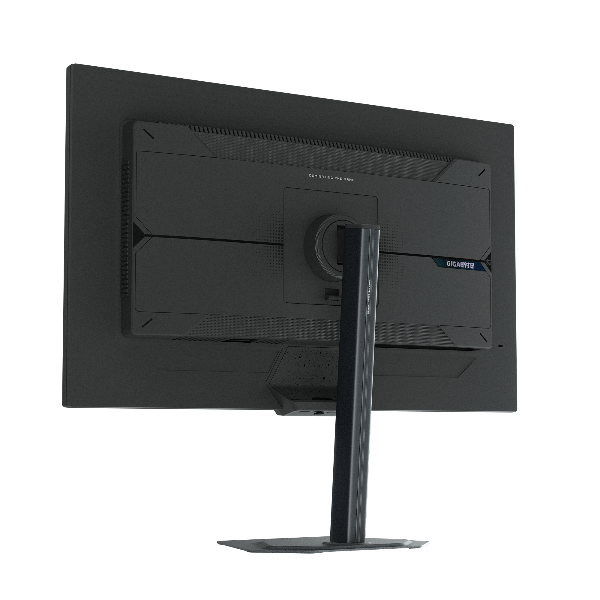 Rückansicht eines schwarzen Computermonitors, Ständers und Sockels auf schwarzem Hintergrund. Der Markenname ist sichtbar.