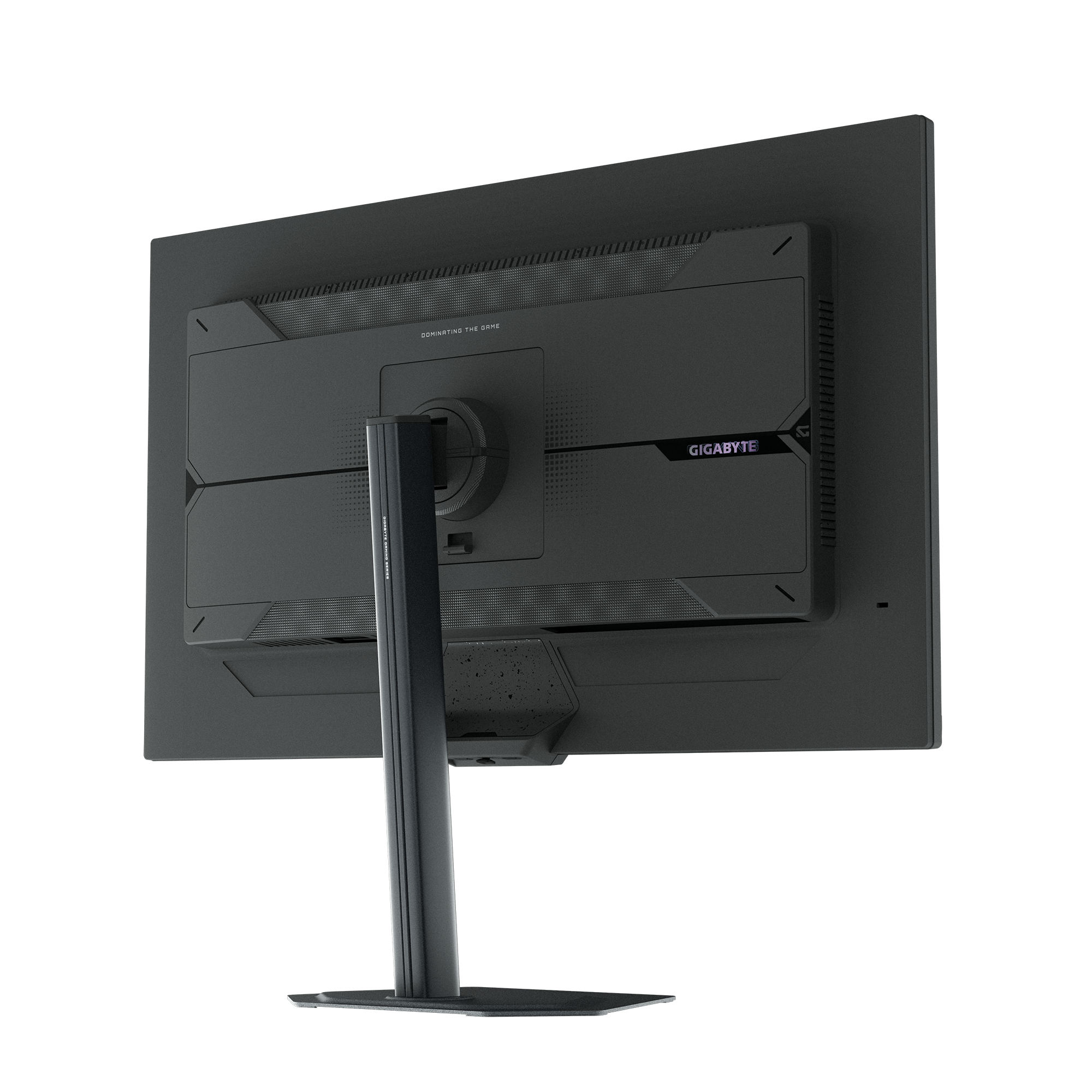 Rückansicht eines schwarzen Computermonitors. Der Monitor hat einen Ständer und das Gigabyte-Logo ist sichtbar.
