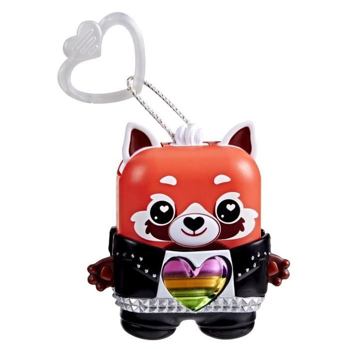 Ein rotes Panda-Spielzeug mit schwarzer Jacke und herzförmigem Regenbogen-Design auf der Brust, mit herzförmigem Clip.
