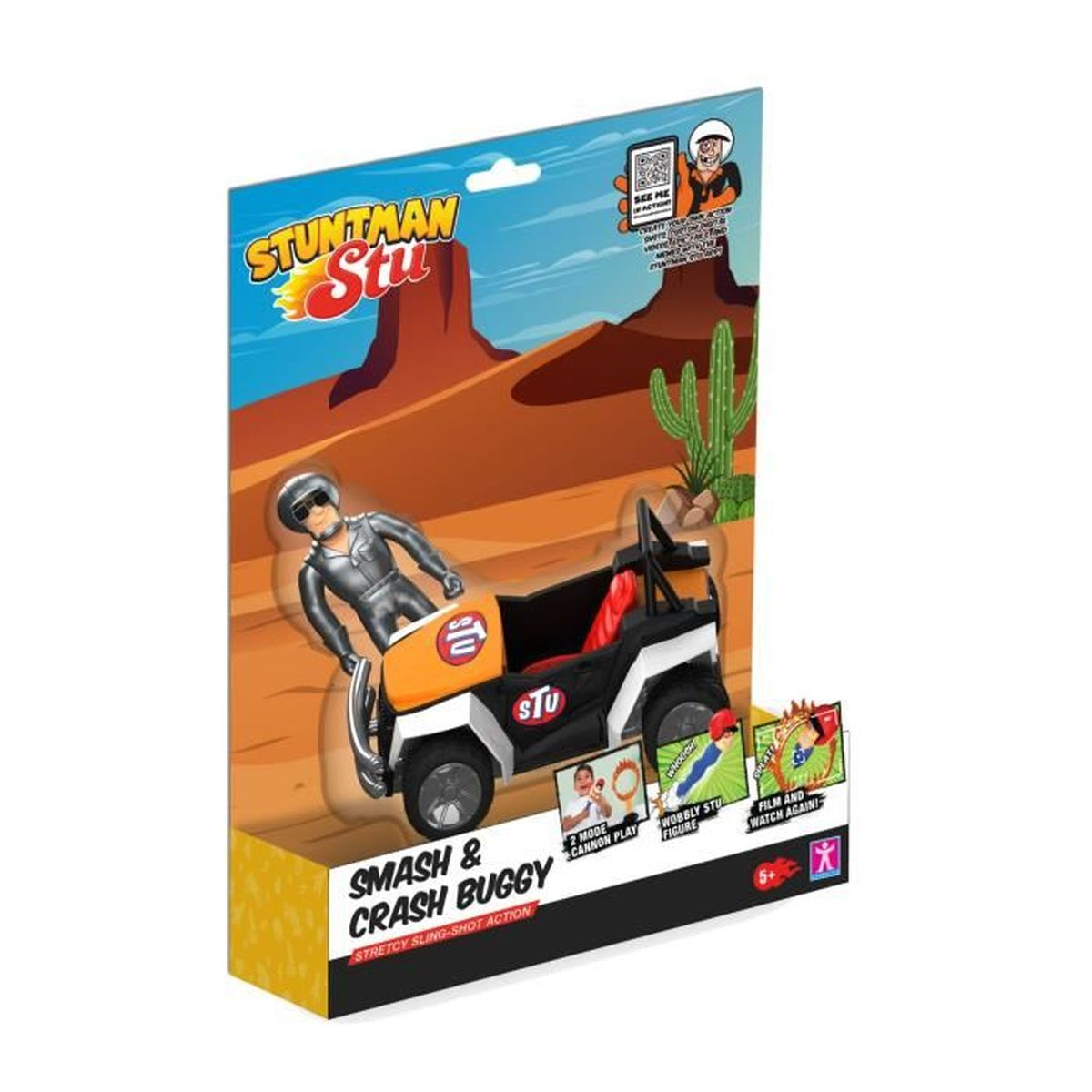 Ein Spielzeugset mit einer Stuntman-Figur und einem Crash-Buggy, vor einer Wüstenkulisse. Die Verpackung zeigt das Spielzeug und Werbetexte.