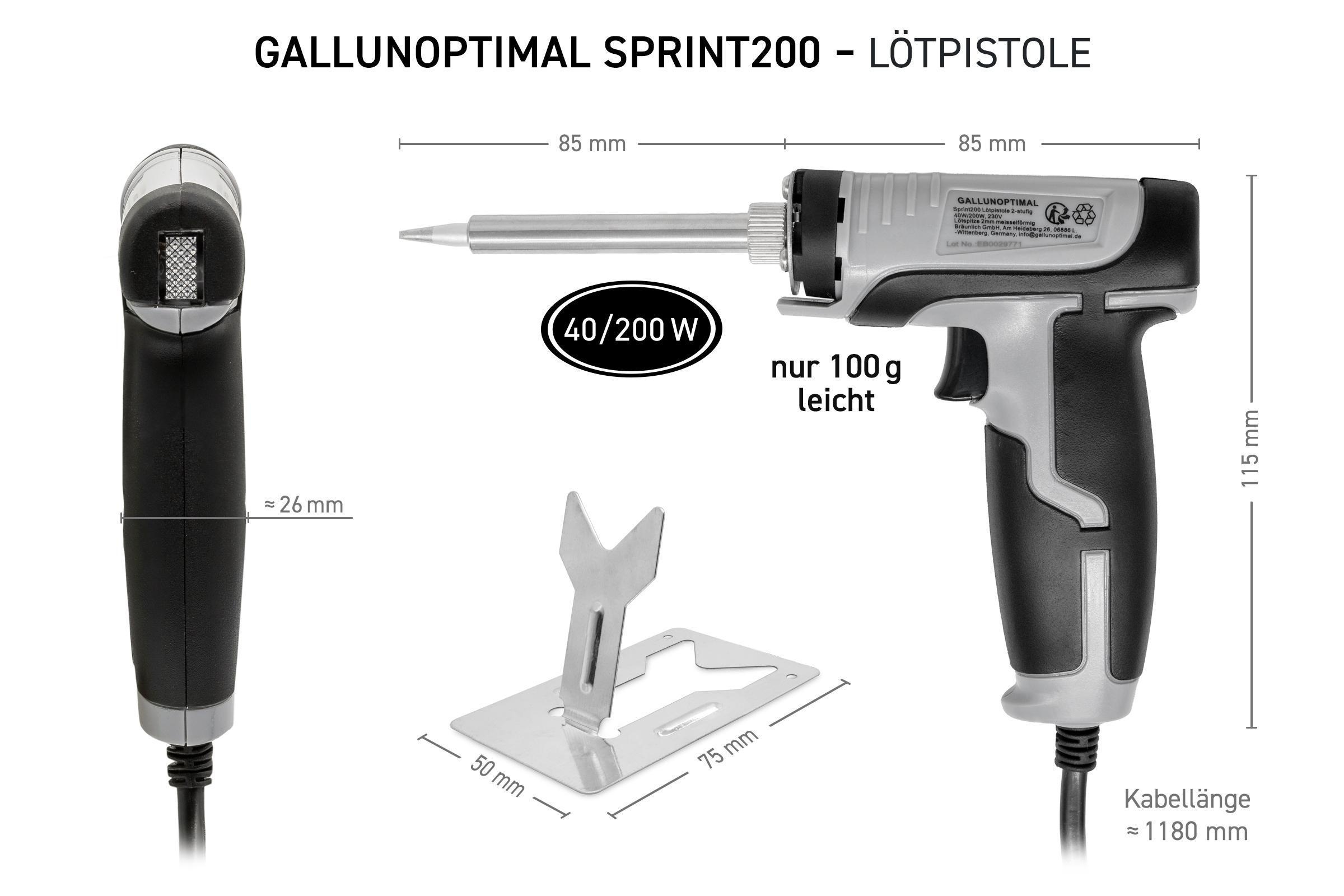 Ein Lötkolben mit Ständer. Text darauf lautet Gallunoptimal Sprint200. Es gibt Maßangaben.