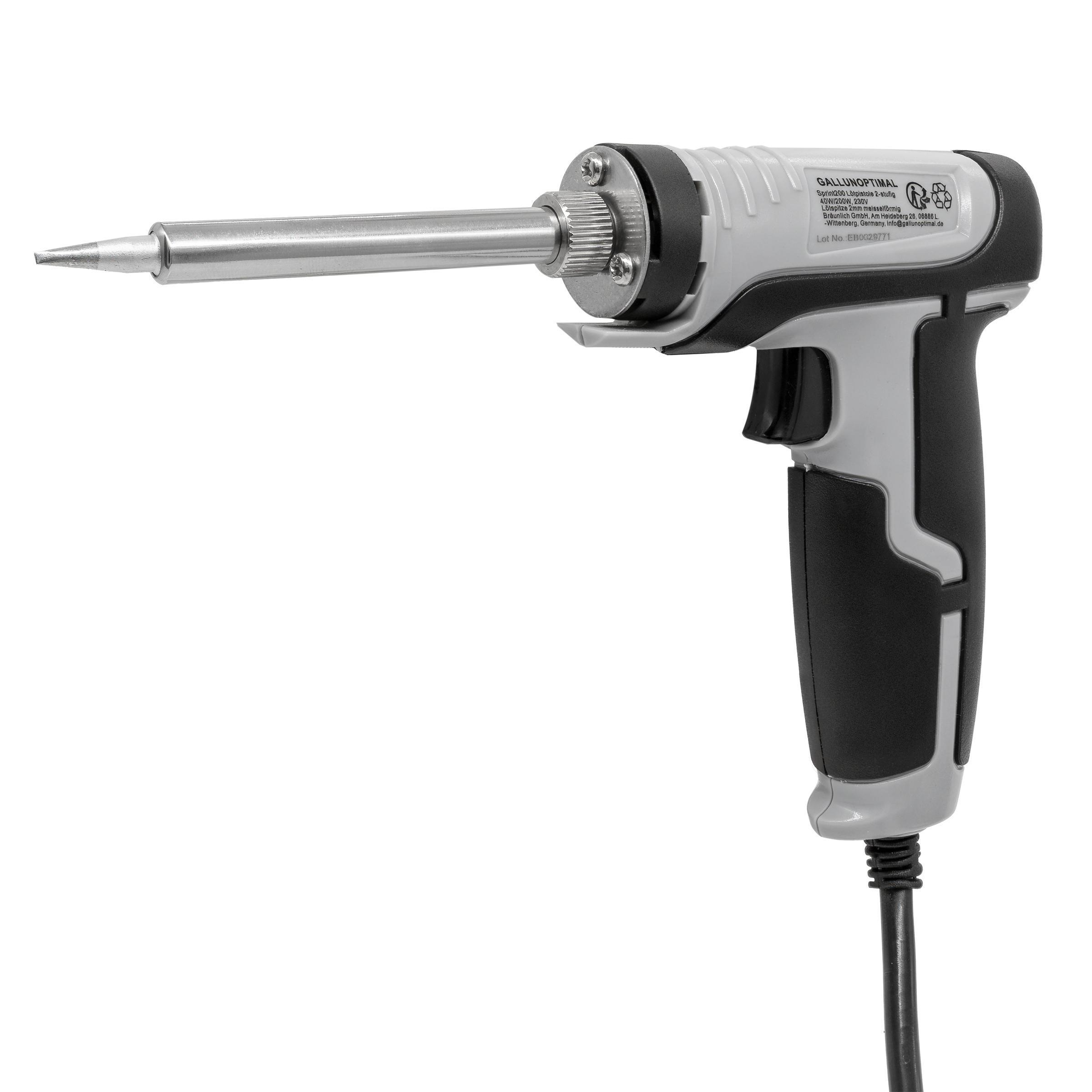 Ein Lötkolben mit langer silberner Spitze, grau-schwarzem Griff und schwarzem Netzkabel.