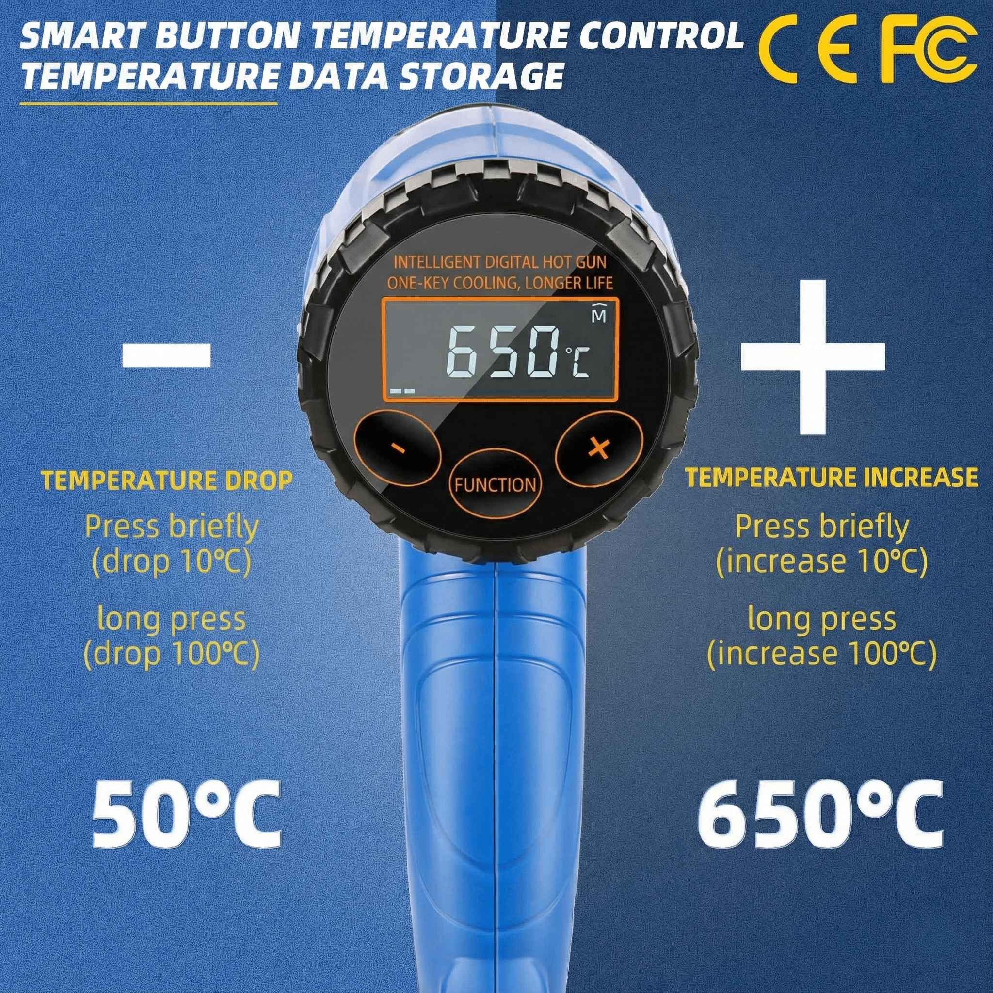 Eine digitale Heißluftpistole mit blauem Griff. Sie zeigt 650°C an. Tasten steuern die Temperatur.