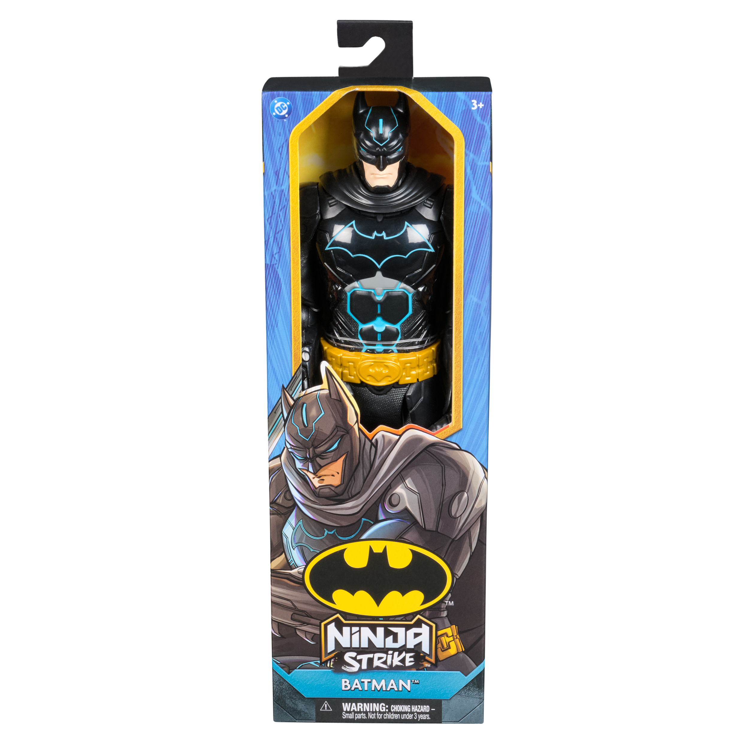 Eine Batman-Actionfigur in einer Box. Sie ist schwarz und blau. Auf der Box steht Ninja Strike Batman.