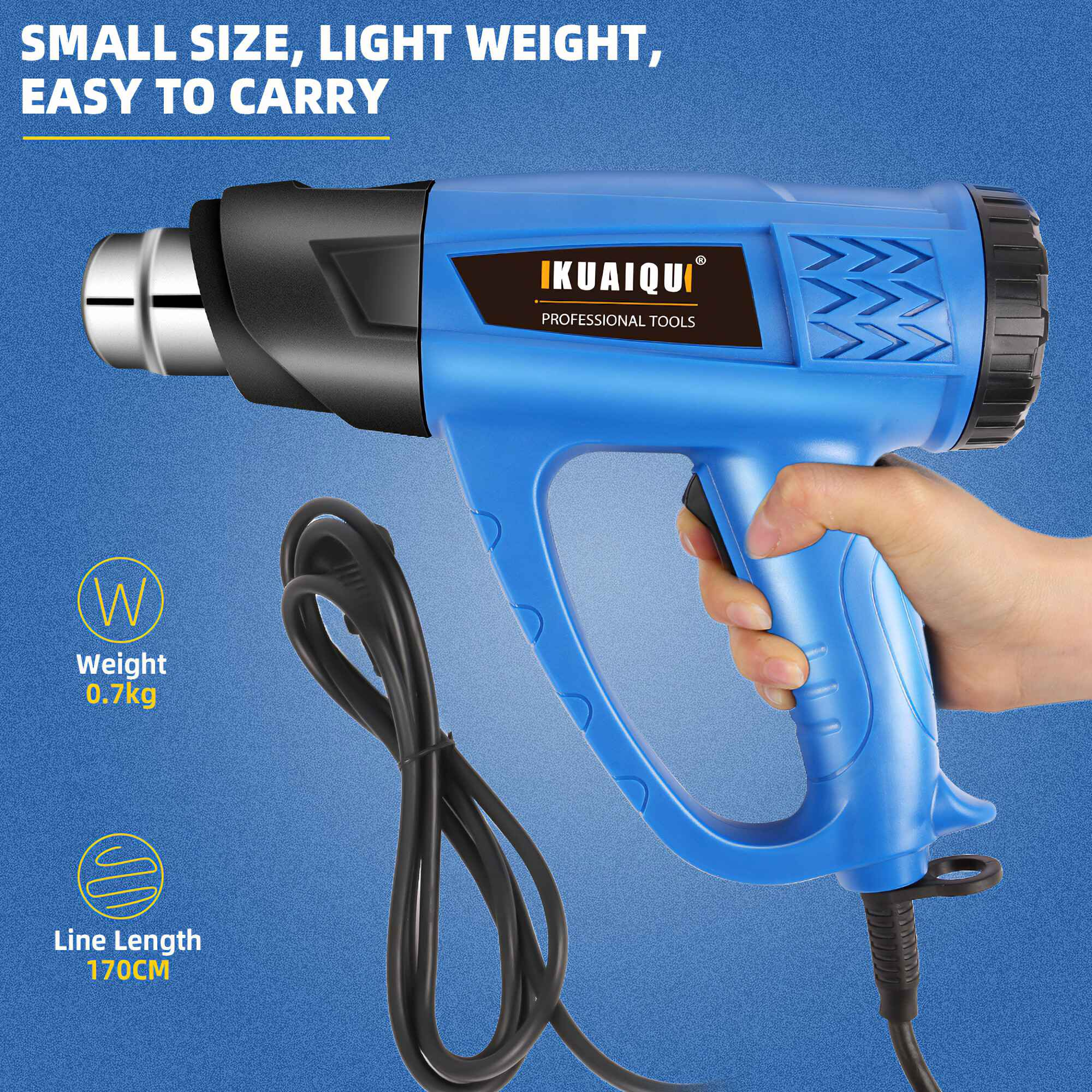 Eine blaue Heißluftpistole wird gehalten. Es hat eine schwarze Düse und einen Griff. Der Markenname ist sichtbar. Ein schwarzes Kabel ist angebracht.