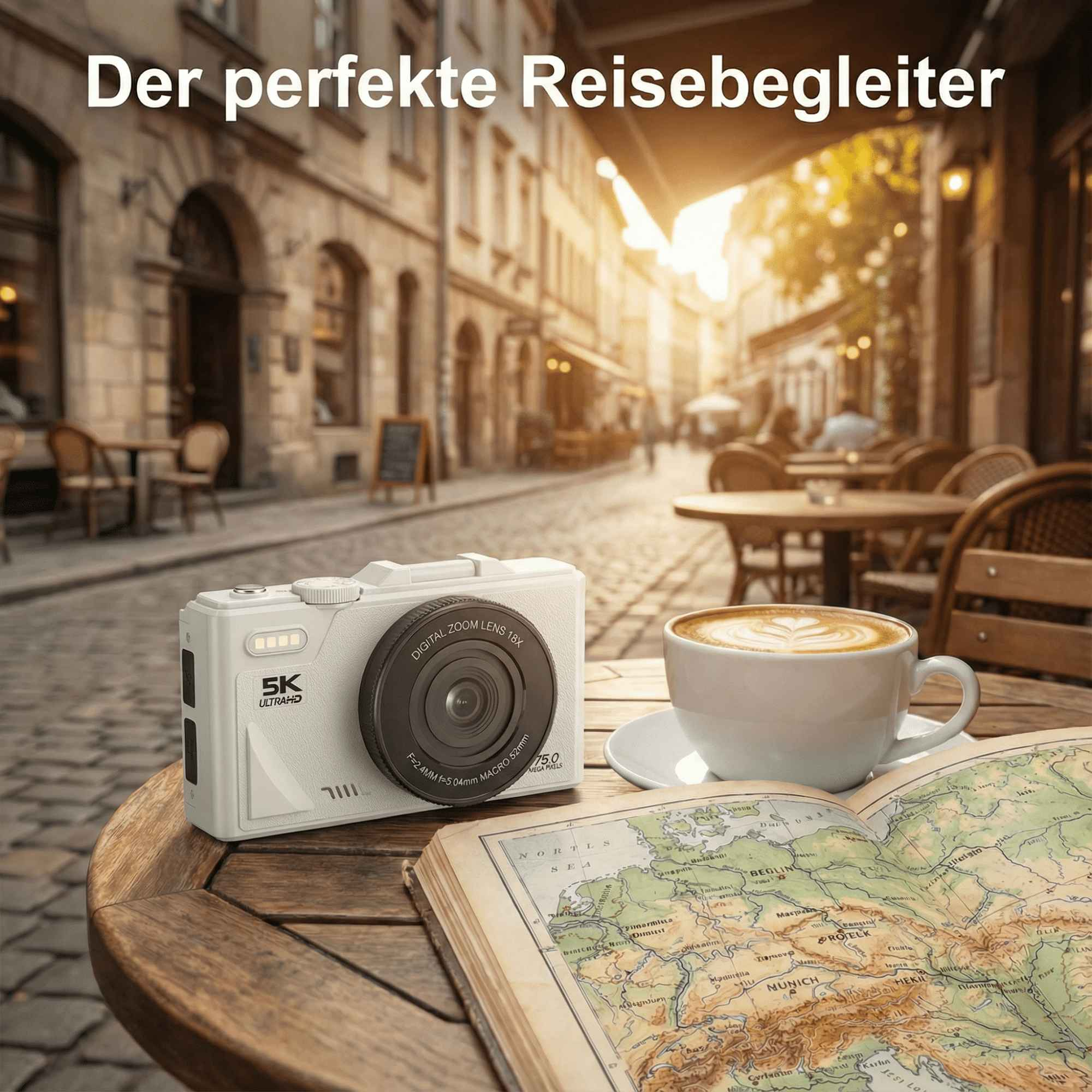 Eine weiße Kamera auf einem Holztisch mit Kaffee, einer Karte und einer verschwommenen Straßenszene im Hintergrund.