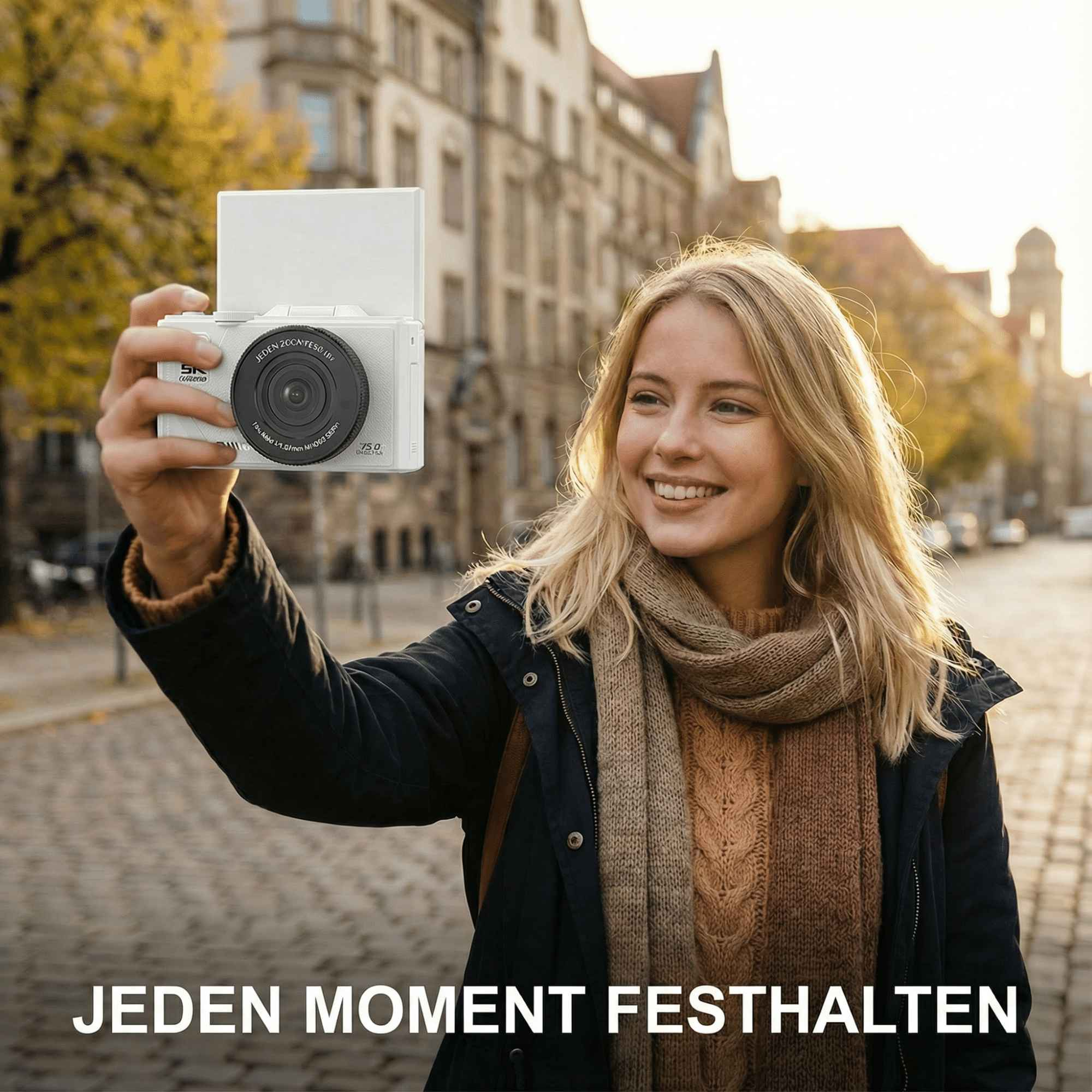 Blonde Frau macht ein Selfie mit einer weißen Kamera vor verschwommenem Stadtbild.
