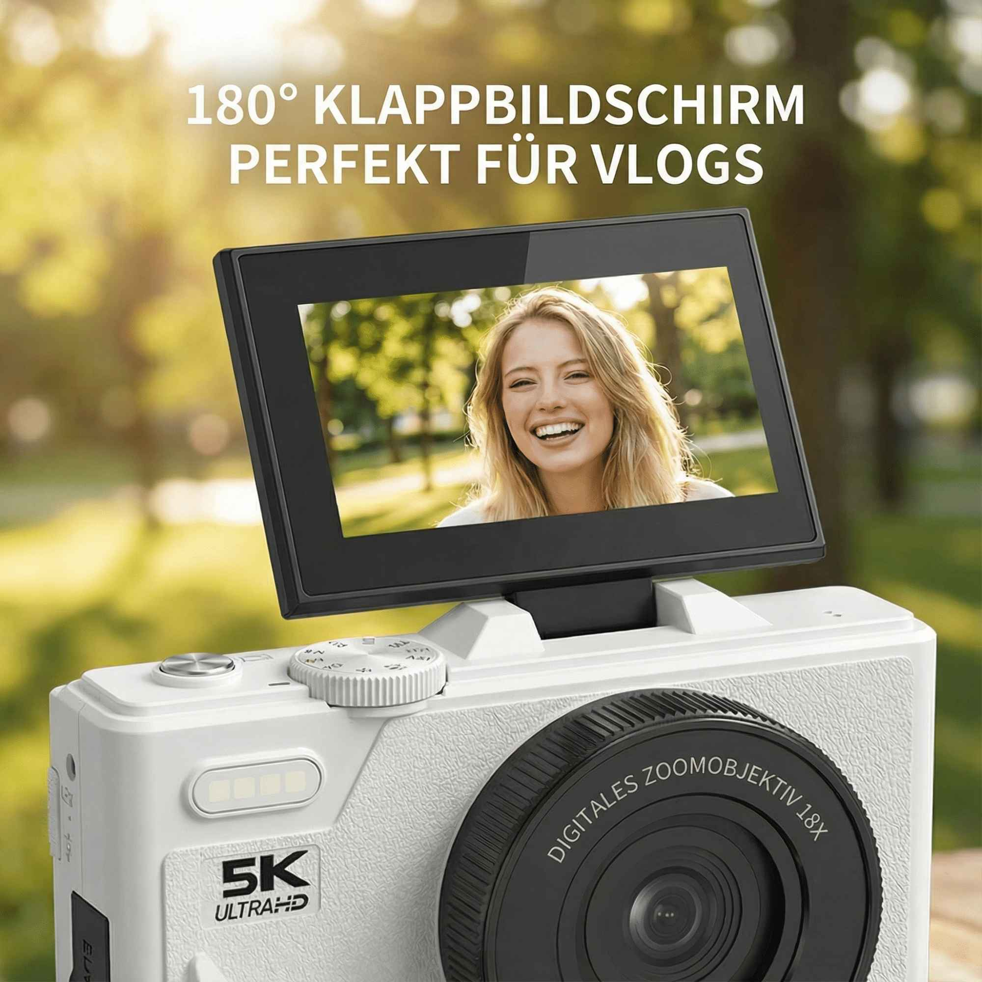 Weiße Kamera mit klappbarem Bildschirm, der eine lächelnde Frau zeigt. Text oben: 'perfekt für Vlogs'.