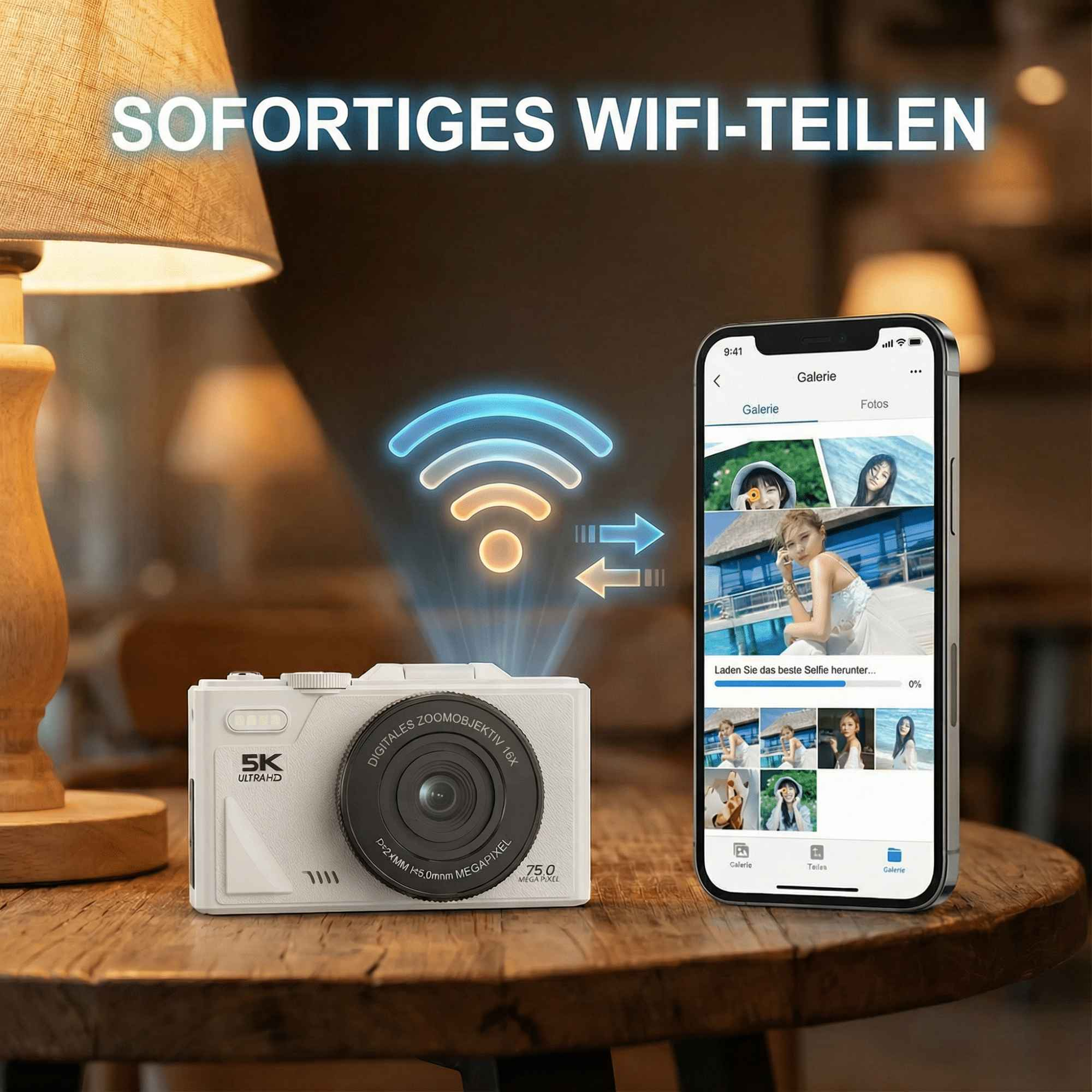 Eine weiße Kamera neben einem Telefon, das Fotos anzeigt. WLAN-Signal wird zwischen ihnen angezeigt. Tisch und Lampe im Hintergrund.