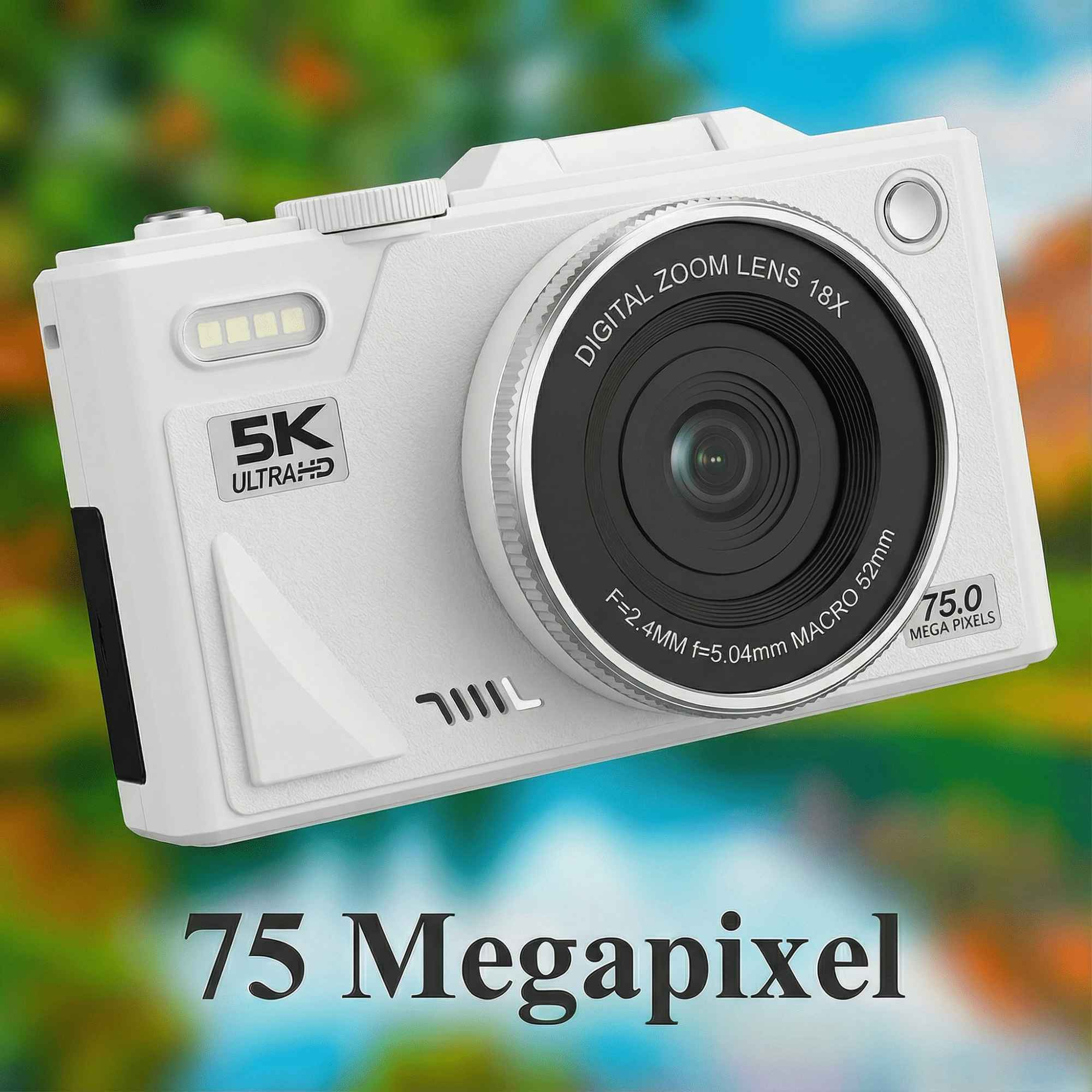 Eine weiße Digitalkamera mit Zoomobjektiv, 5K Ultra HD und 75 Megapixeln, vor einem verschwommenen Hintergrund.