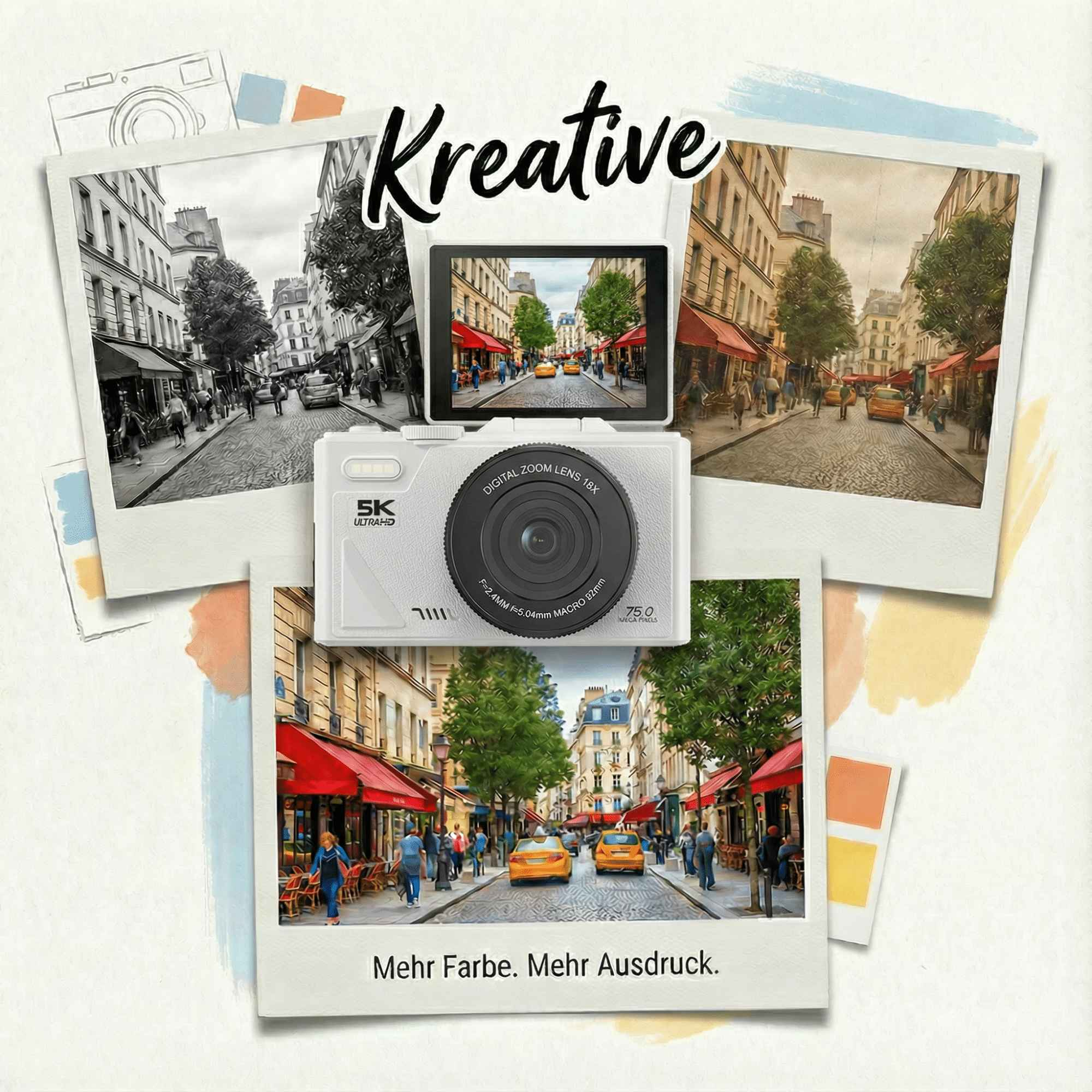 Das Bild zeigt eine Kamera mit Fotos einer Straßenszene, Text 'Kreative' und 'Mehr Farbe. Mehr Ausdruck.'