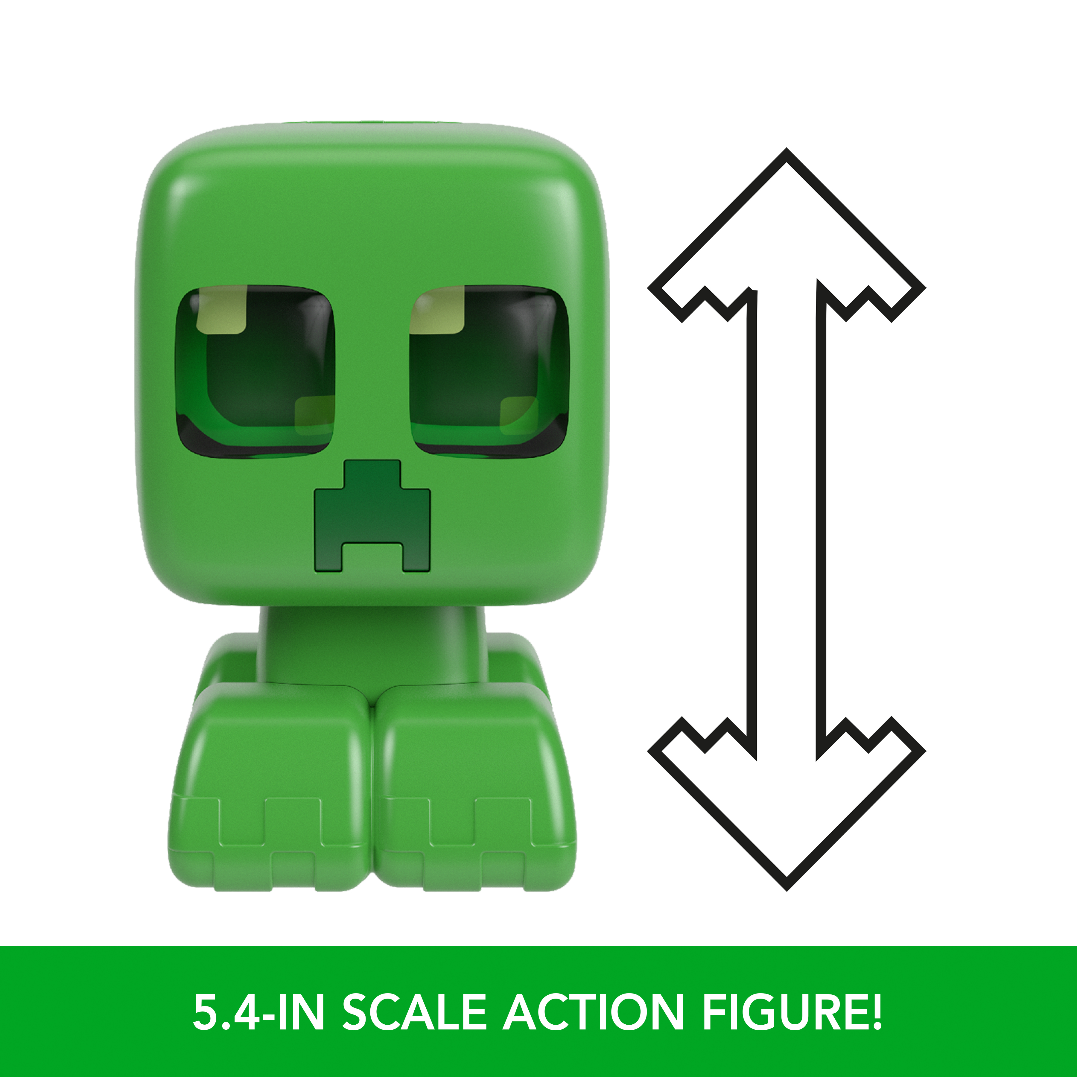 Una figura verde di Minecraft Creeper in piedi, con una freccia di dimensioni. Testo: FIGURINA D'AZIONE IN SCALA 5.4 POLLICI!