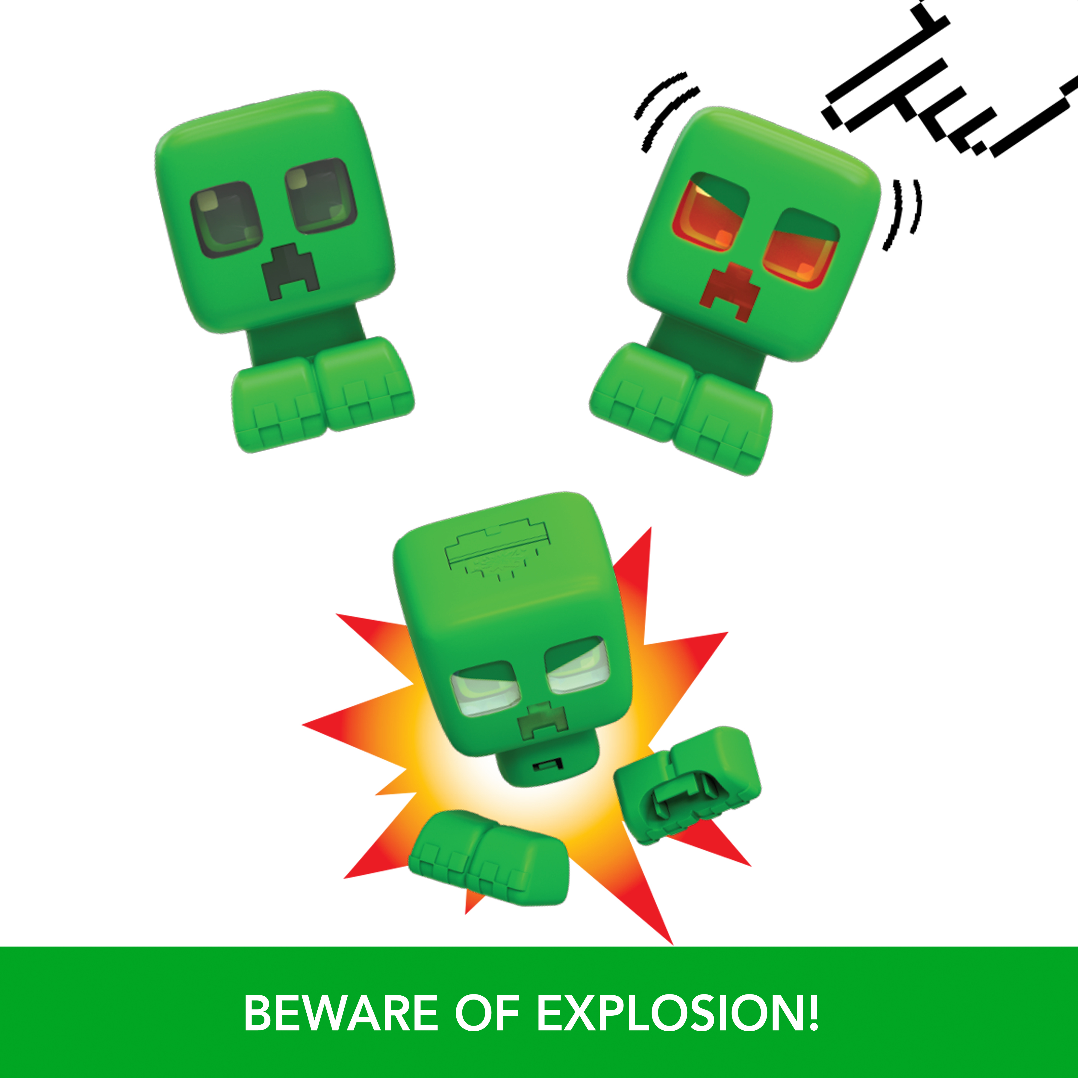 Giocattoli Creeper Minecraft verdi. Uno sta esplodendo. Segnale di avvertimento in basso.