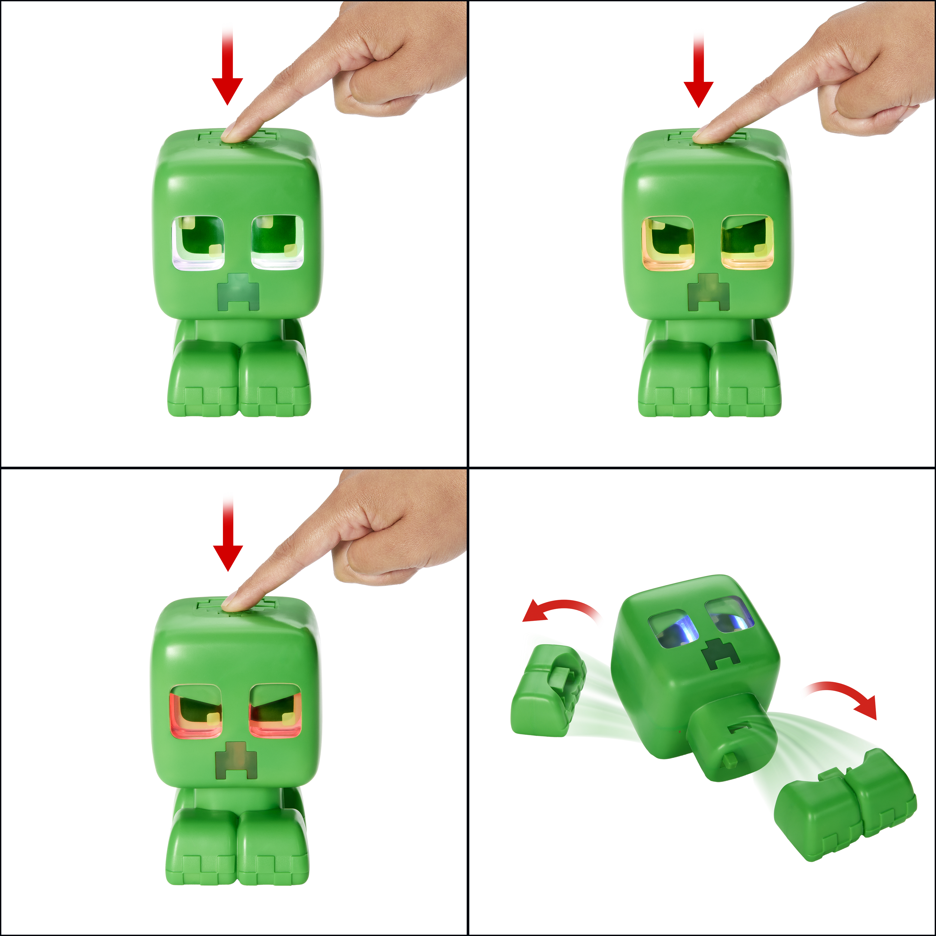 Un giocattolo Creeper di Minecraft verde con un dito che preme un pulsante superiore. Le luci cambiano colore. Il giocattolo poi si smonta.