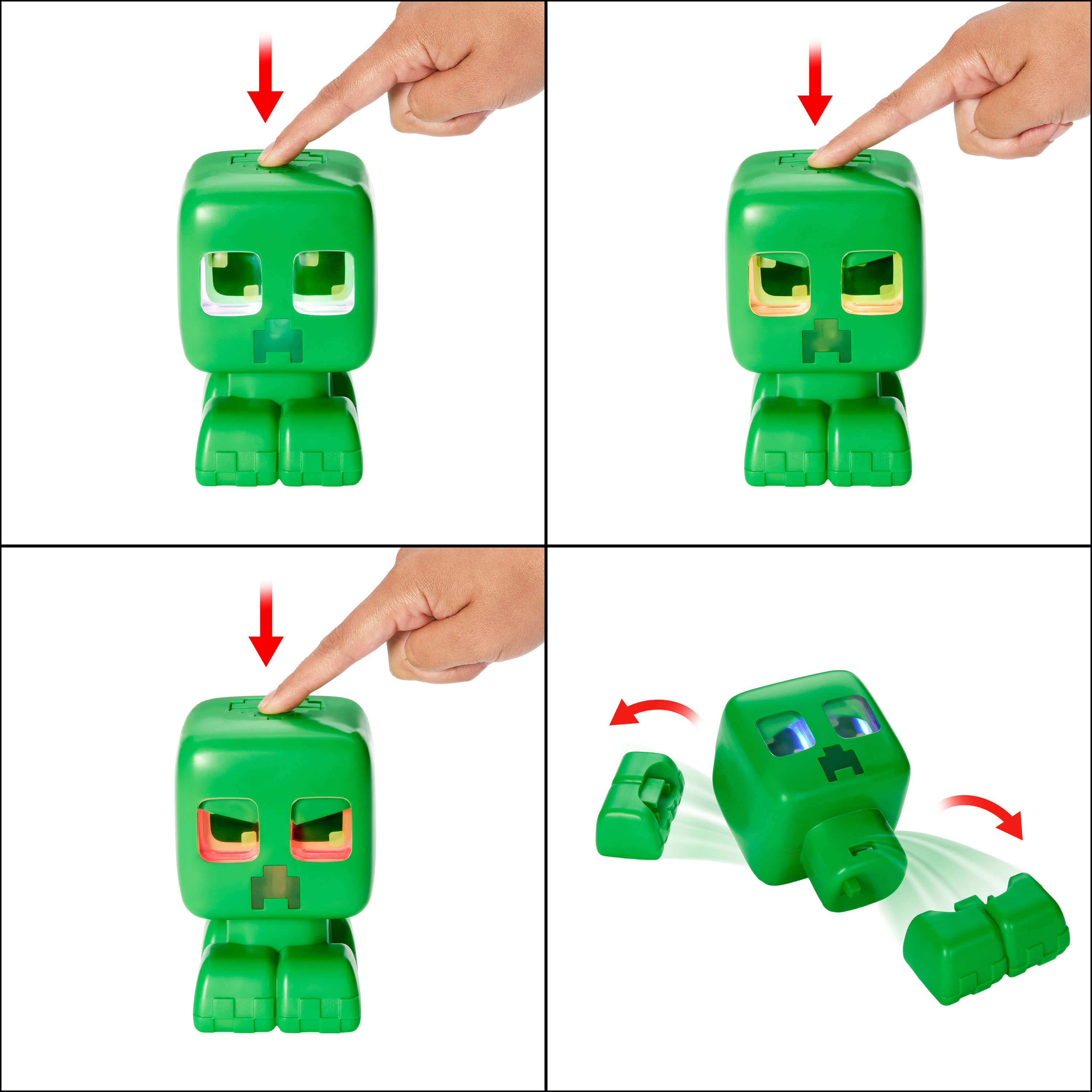 Un giocattolo Creeper verde è mostrato a fasi. Un dito preme un pulsante. Gli occhi del Creeper cambiano colore.