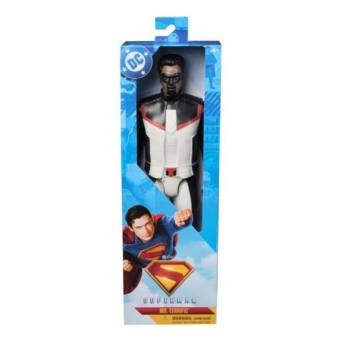 Eine Superman-Spielzeugkiste. Sie zeigt eine Figur von Mr. Terrific in einem weißen und schwarzen Kostüm. Superman ist ebenfalls auf der Box.