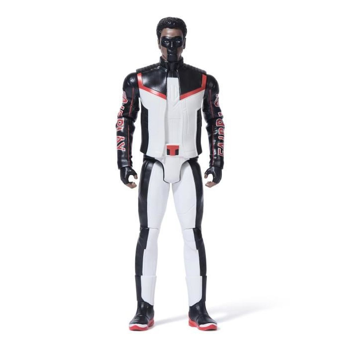 Eine Superhelden-Actionfigur. Sie hat eine schwarze Maske, einen schwarz-weißen Anzug mit roten Akzenten. Steht vor weißem Hintergrund.