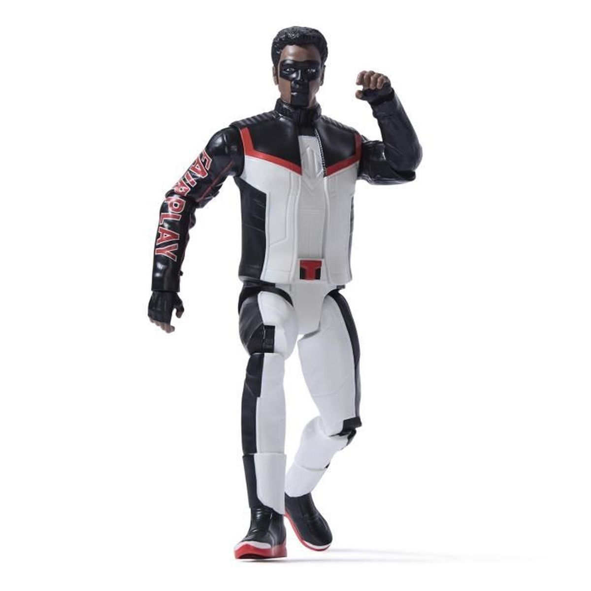 Eine Figur in einem schwarz-weißen Anzug mit roten Akzenten und einer schwarzen Maske. Die Figur befindet sich in einer dynamischen Pose auf weißem Hintergrund.