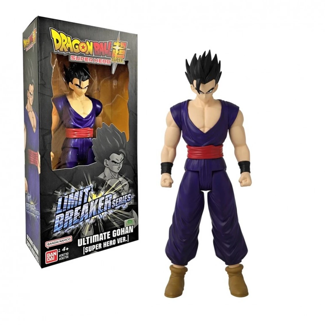 Una figura de acción de Dragon Ball Z de Ultimate Gohan con atuendo morado y cinturón rojo, junto a su embalaje.