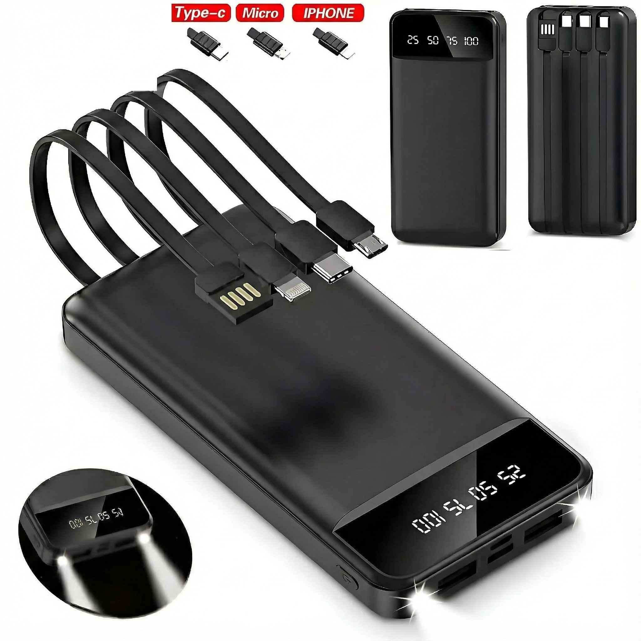 Schwarze Powerbank mit angeschlossenen Ladekabeln. Enthält Typ-C-, Micro- und iPhone-Anschlüsse. Zeigt Ladestände an.