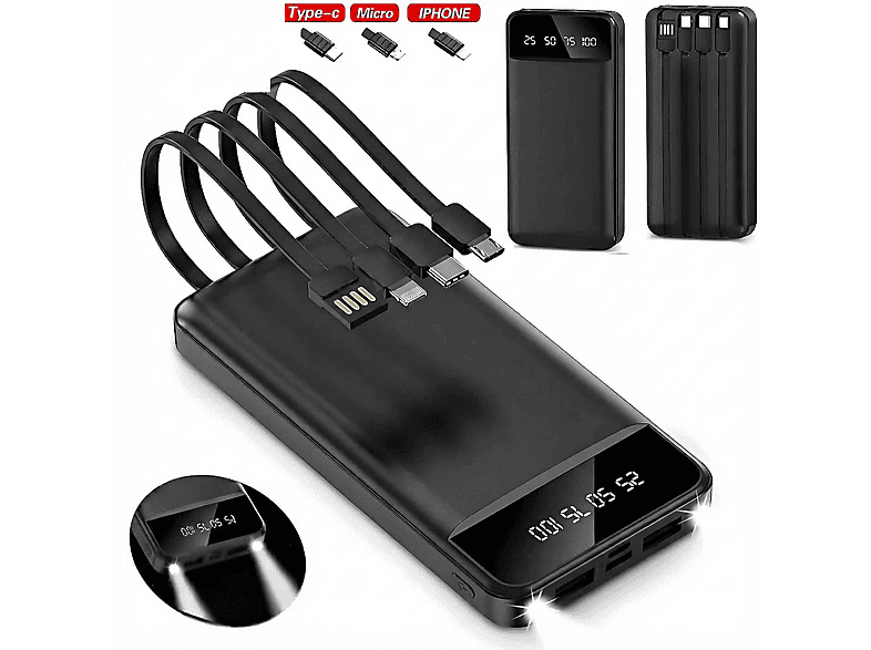 OOKURA 20000mAh 4 Integrierte Kabel LED Powerbanks 20000 mAh Schwarz