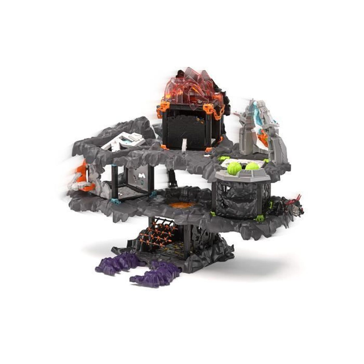 Ein mehrstöckiges Spielzeug-Spielset, das einer felsigen Struktur mit Lava und einem kristallartigen Dach ähnelt. Zu den Merkmalen gehören ein Käfig und eine lila Basis.