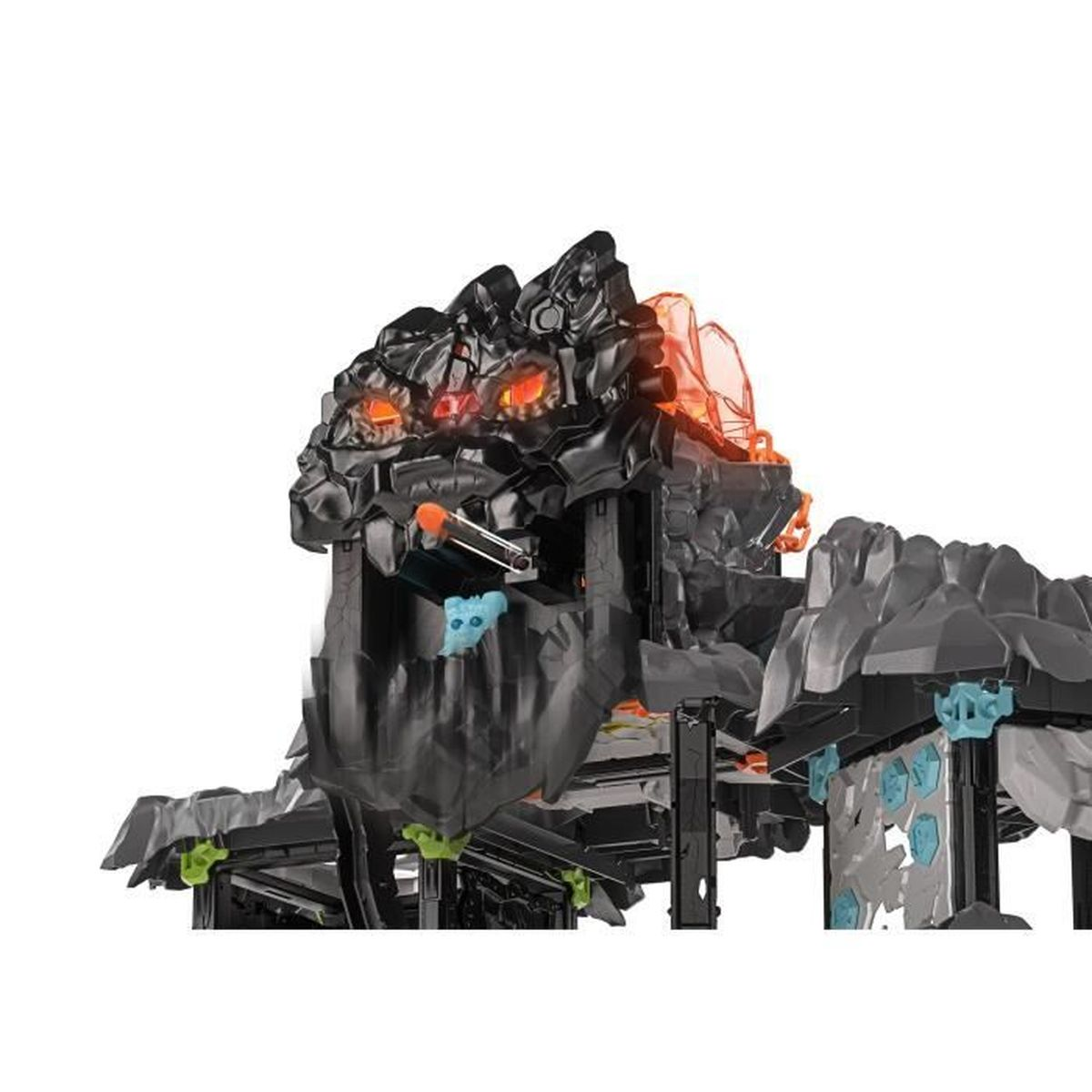 Ein Spielset, das eine schwarze Felsstruktur mit orangefarbenen leuchtenden Augen und Lava zeigt. Einige blaue und grüne Akzente sind sichtbar.