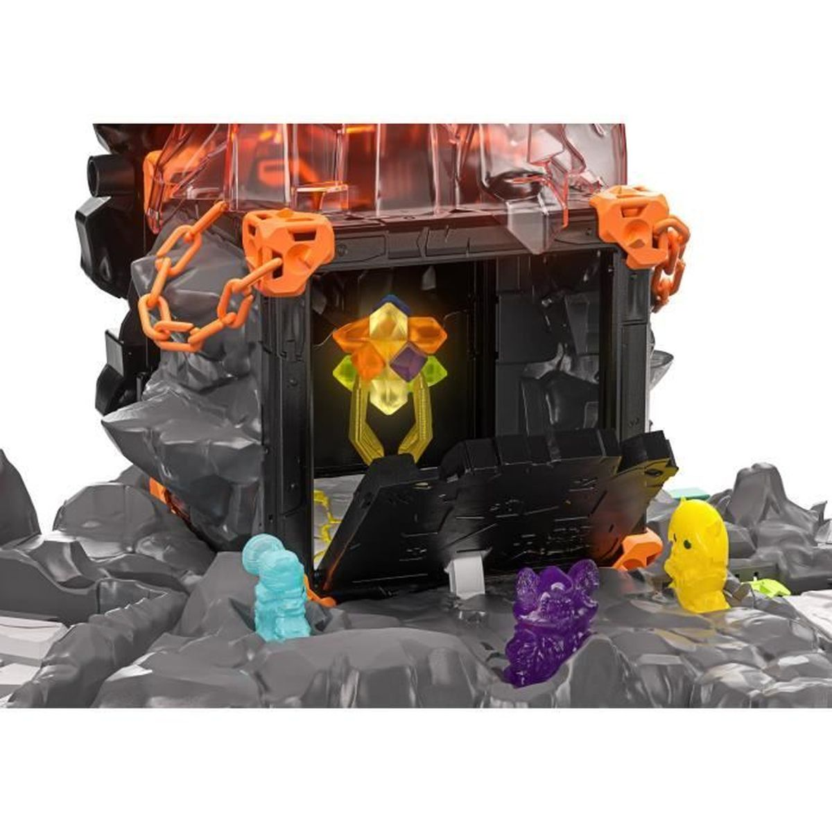 Ein spielzeugartiges Schloss mit einer Schatzkiste, Edelsteinen und bunten Figuren. Das Schloss ist schwarz und grau, mit orangefarbenen Akzenten und einer Kette.