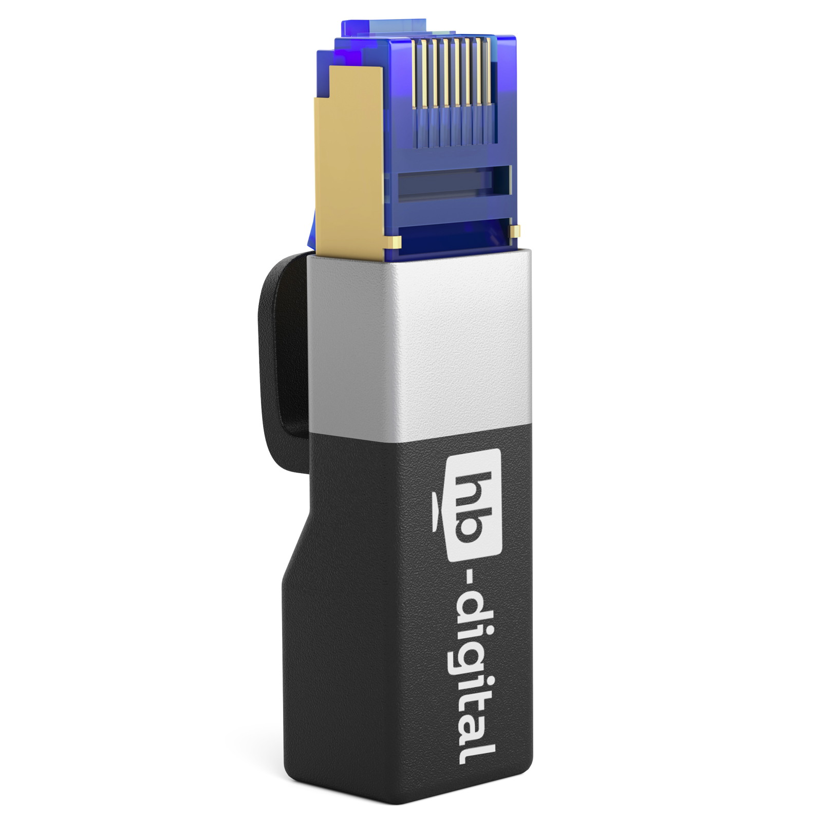 Ein RJ45-Stecker mit einem schwarz-silbernen Gehäuse. Der Stecker ist blau und gold.