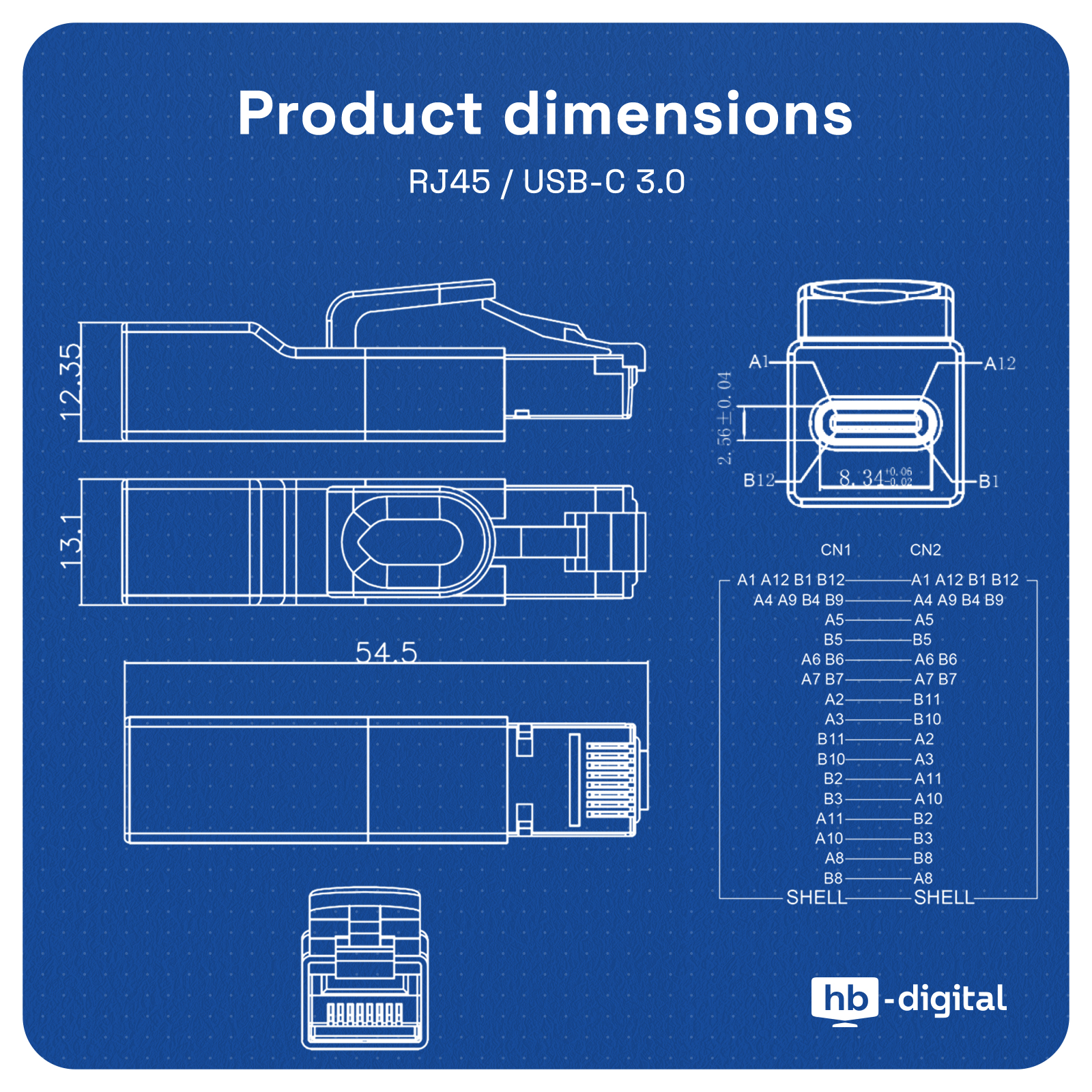 Ein Bauplan zeigt Produktabmessungen für RJ45/USB-C 3.0, mit beschrifteten Teilen und Maßen in Weiß auf blauem Hintergrund.