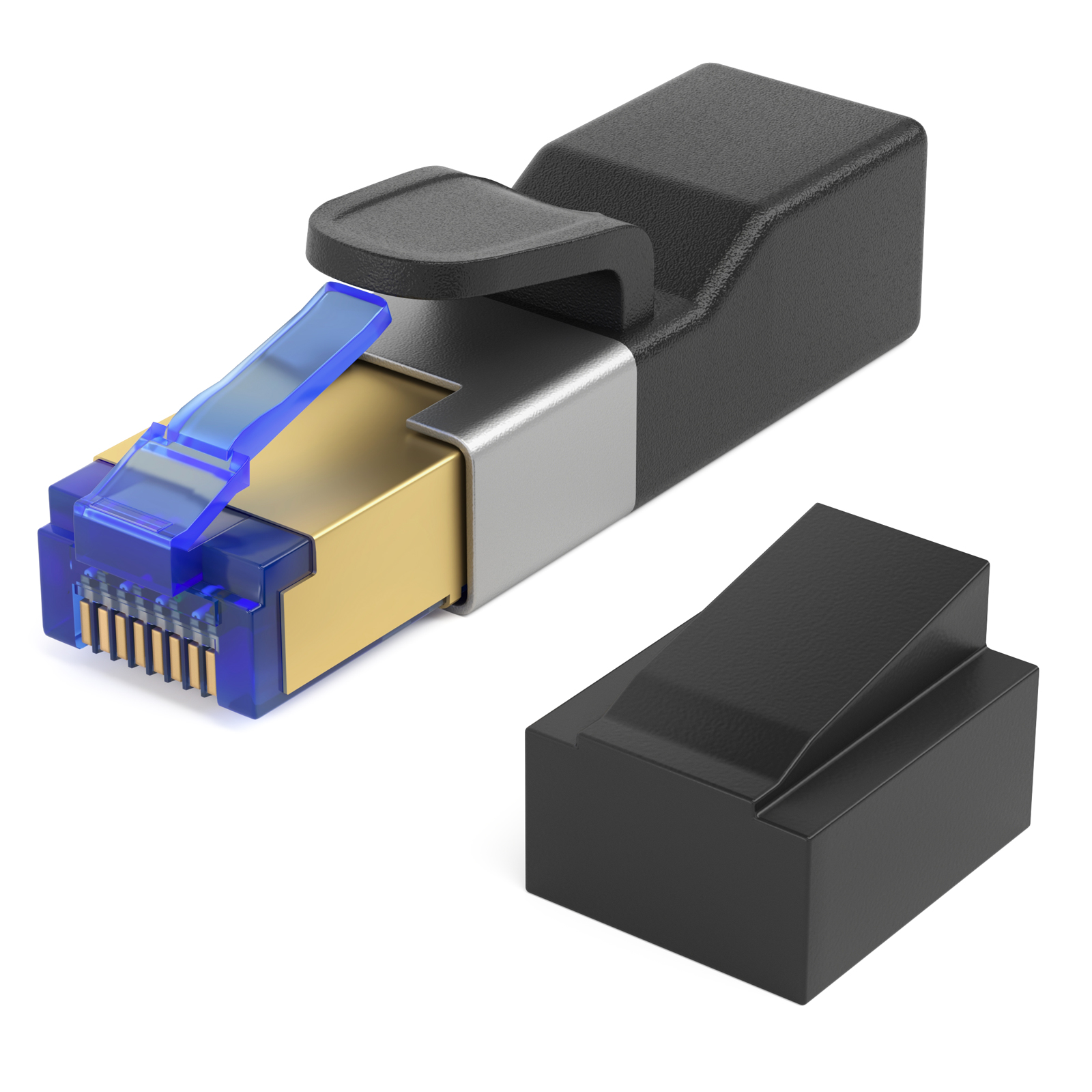 Ein RJ45-Stecker, schwarz und silber, mit blauem Kunststoffclip. Eine separate schwarze Abdeckung ist vorhanden.
