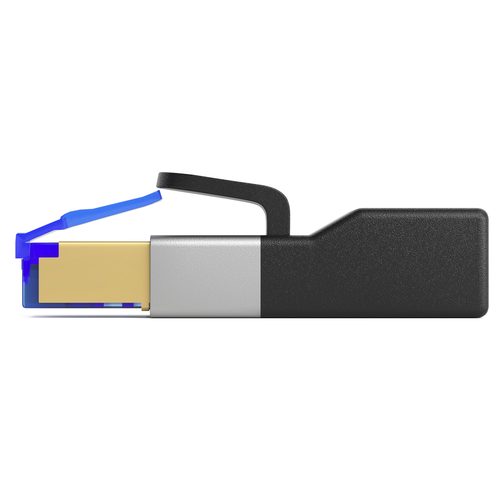 Nahaufnahme eines RJ45-Steckers. Er hat einen goldfarbenen Stecker, eine blaue Kunststofflasche und ein schwarz-silbernes Gehäuse.