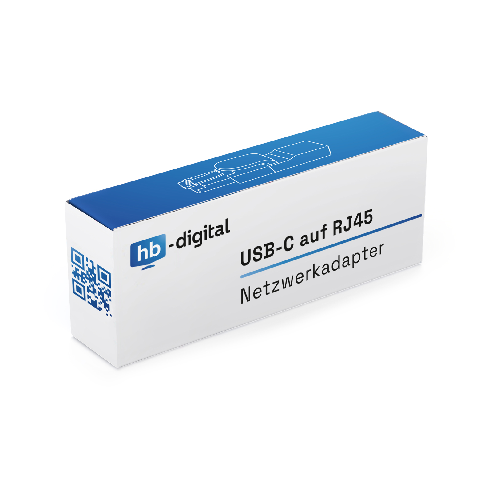 Schachtel mit der Aufschrift 'USB-C auf RJ45 Netzwerkadapter'. Sie hat einen QR-Code und ein Logo. Die Oberseite ist blau.