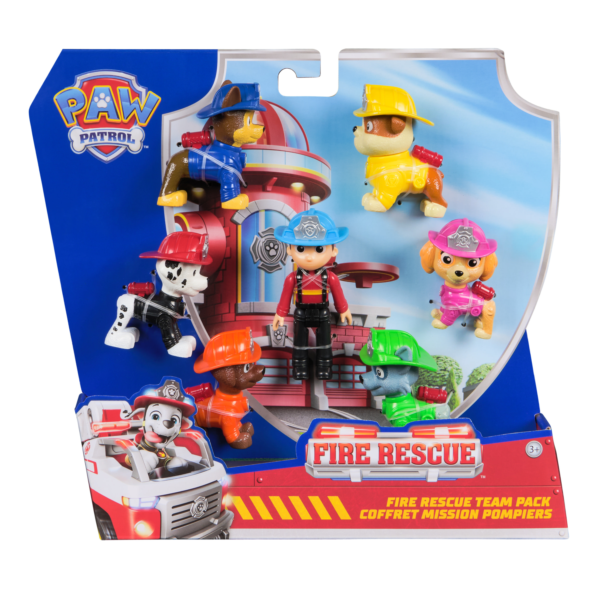 Zestaw zabawek straży pożarnej Paw Patrol. Zawiera figurki szczeniąt w strojach strażackich i wóz strażacki.