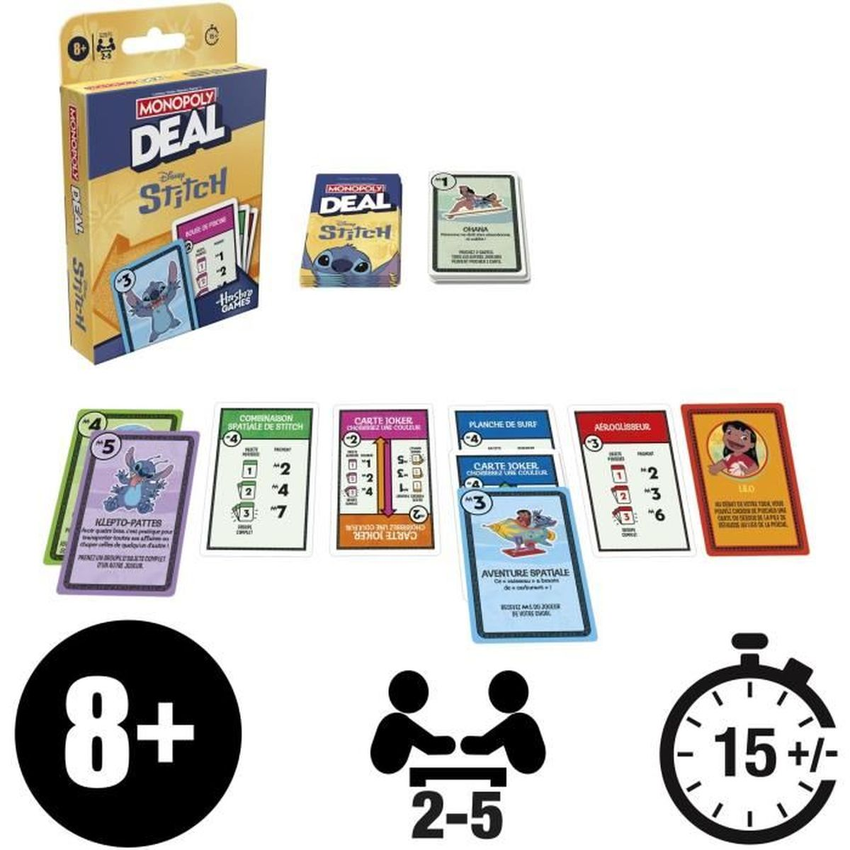 Scatola e carte del gioco Monopoly Deal Stitch con personaggi Disney, età 8+, 2-5 giocatori, 15+ minuti.